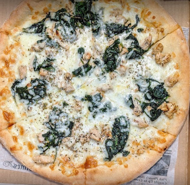 Order White Grilled Chicken & Spinach Pizza - Personal 10" food online from Giuseppe Pizza store, Harleysville on bringmethat.com