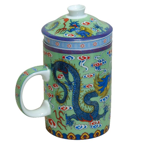 Order GREEN CERAMIC STRAINER MUG WITH DRAGON food online from Hastings Tea & Coffee store, White Plains on bringmethat.com