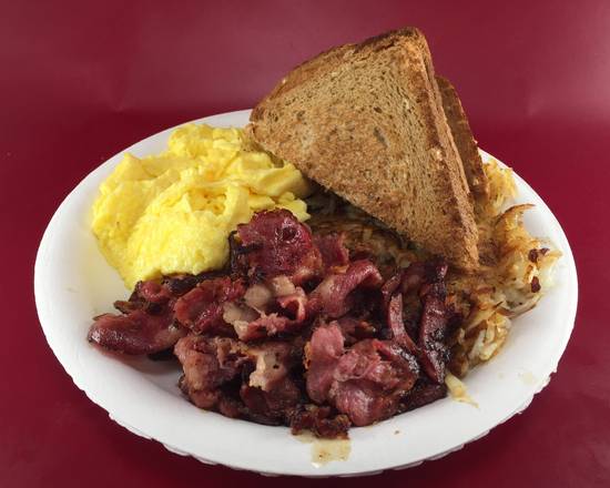 Order 6. 2 Eggs, Hash Brown, Toast and Pastrami  food online from Michael's Burgers store, Canoga Park on bringmethat.com