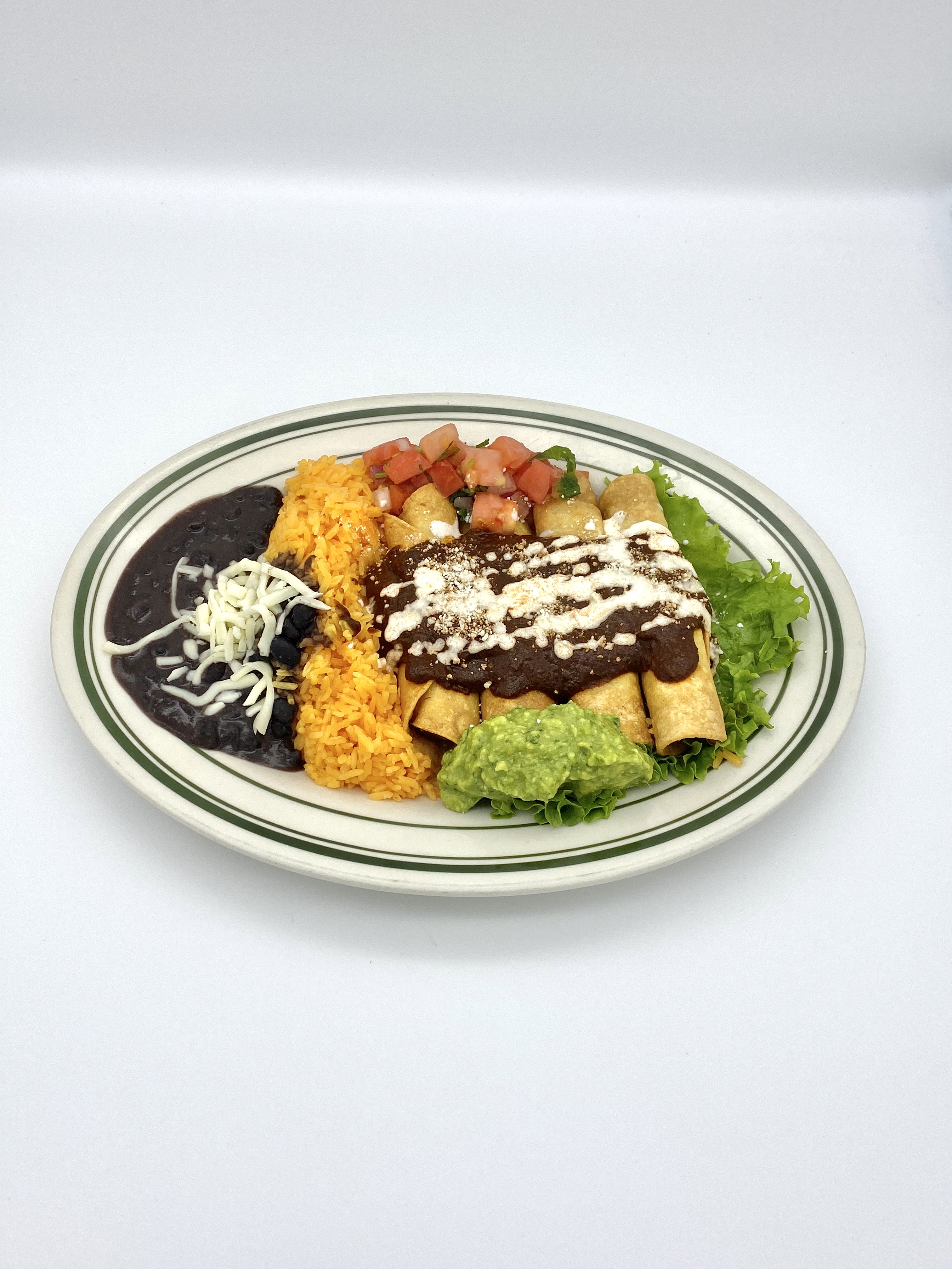 Order Plattillo Flautas con mole food online from Tacos Y Jugos Genesis store, Elmhurst on bringmethat.com