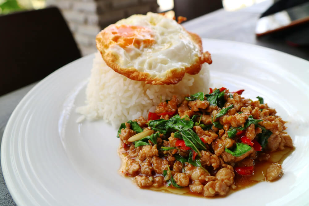 Order 74. Ka Prao Over Rice food online from Boran thai restaurant store, Los Angeles on bringmethat.com
