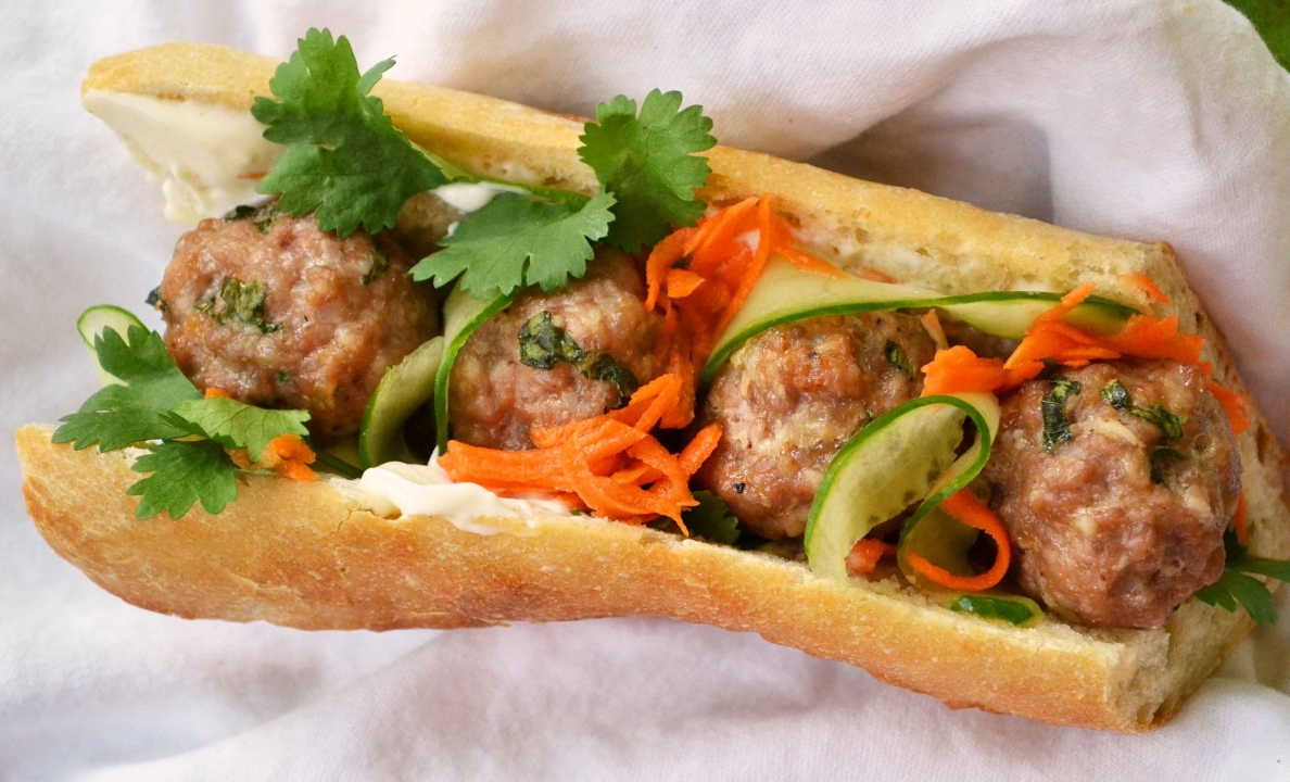 Order B18. Meatball (Beef) Banh mi -3PD food online from Saigon Pho Kitchen store, Morgantown on bringmethat.com