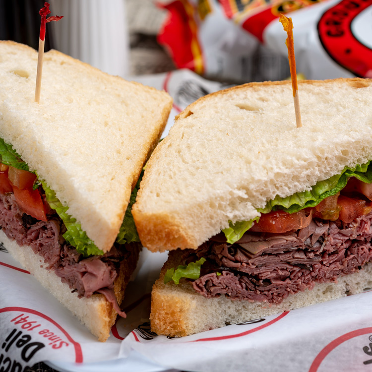 Order *Roast Beef Sandwich food online from Groucho's Deli store, Statesville on bringmethat.com