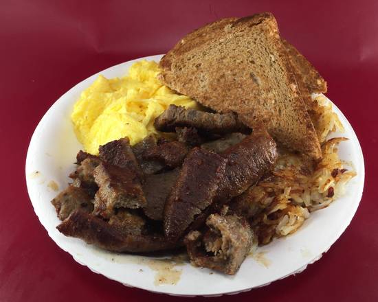 Order 7. 2 Eggs Hash Brown, Toast and Gyro Meat  food online from Michael's Burgers store, Canoga Park on bringmethat.com