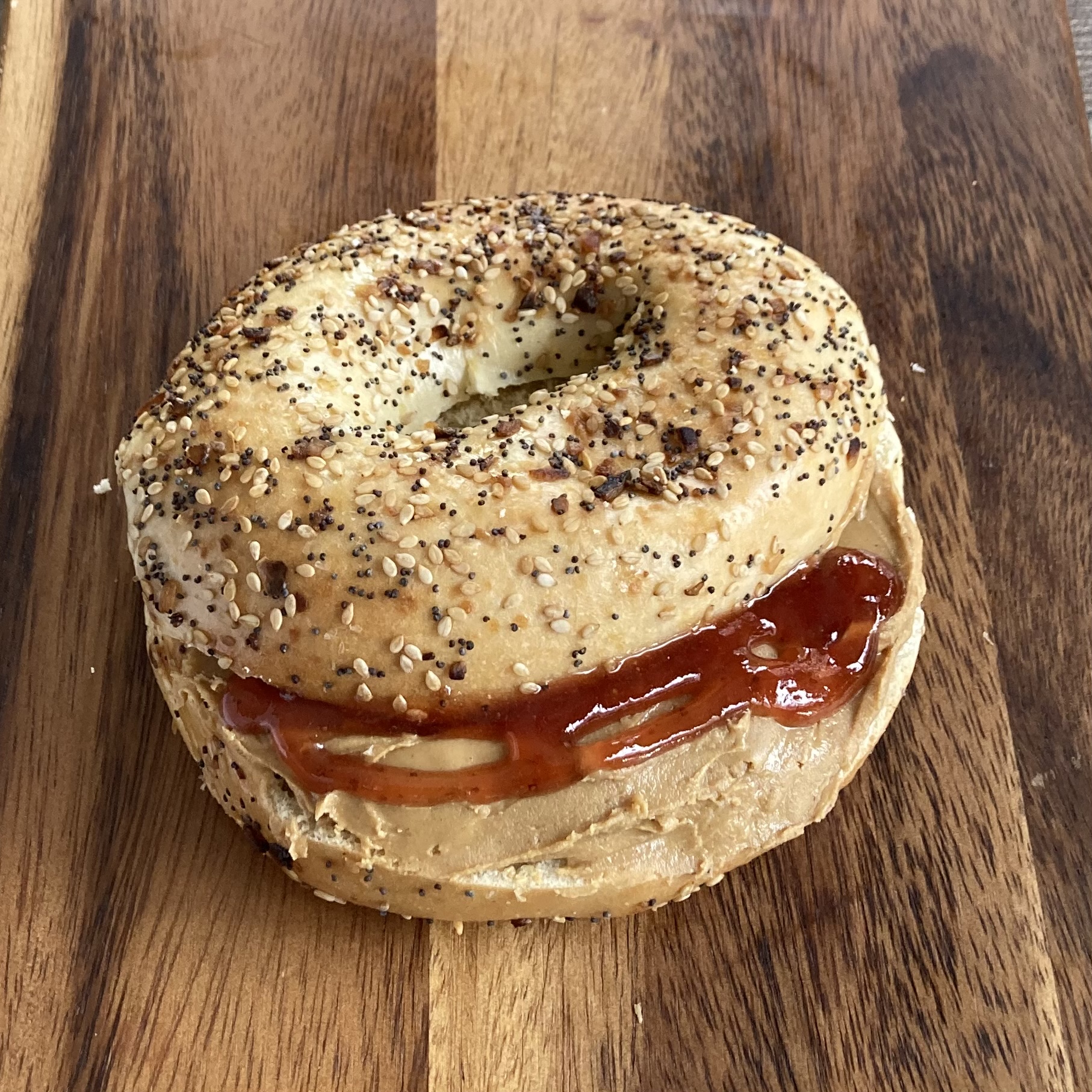 Order Bagel with Peanut Butter and Homemade Organic Strawberry Jam food online from B Cup Cafe store, New York on bringmethat.com