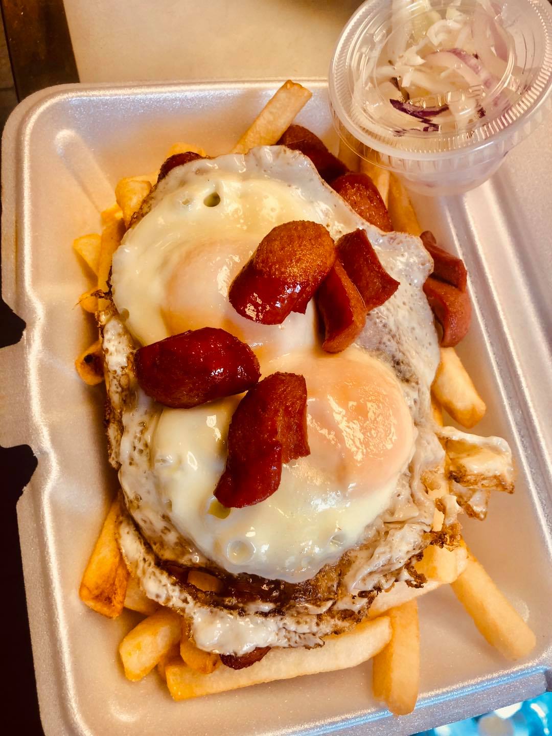 Order Salchipapas large with Fried Eggs food online from Chili Dog Restaurant store, New Rochelle on bringmethat.com