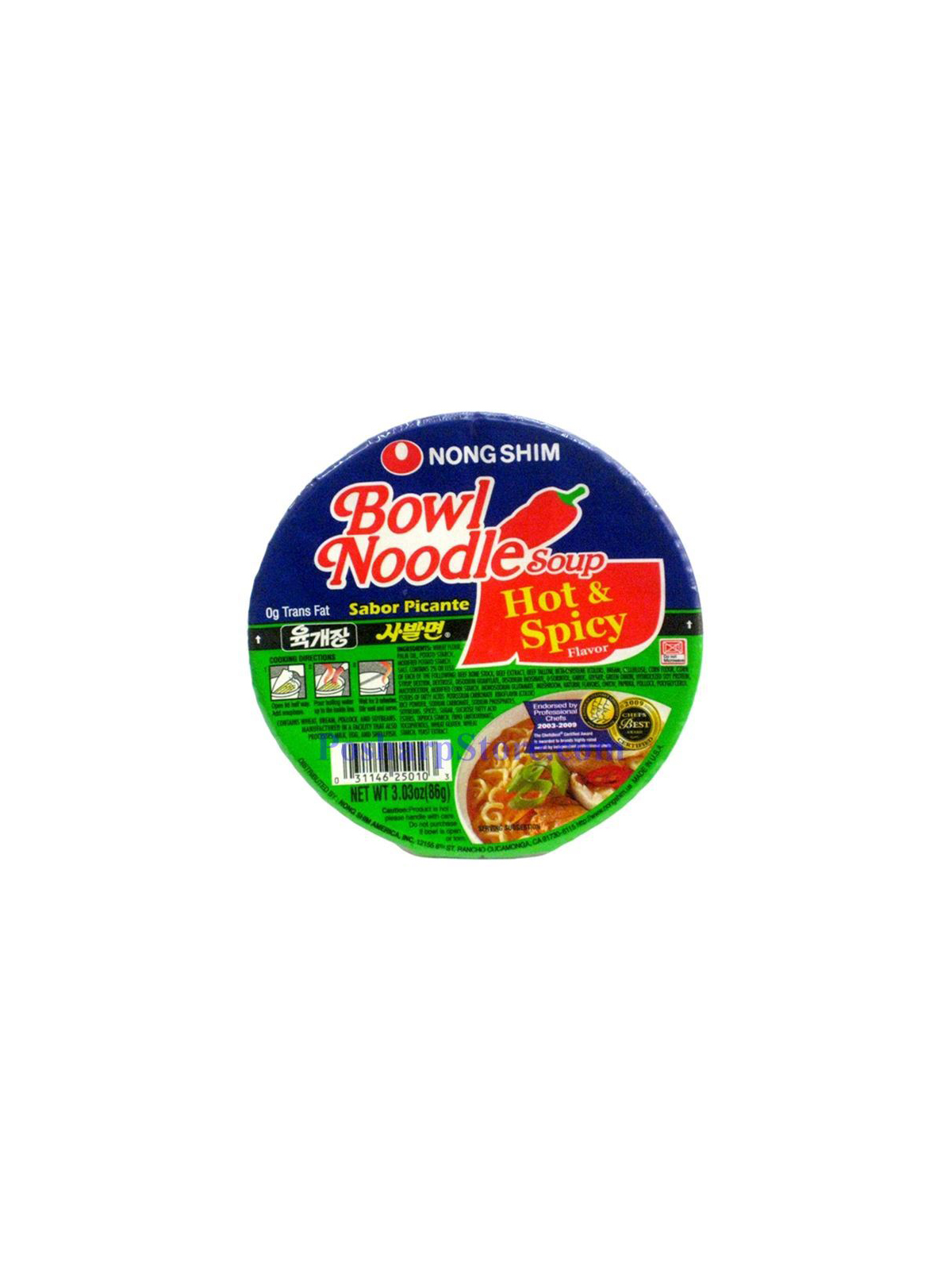 Order Nong Shim Hot & Spicy Noodle Soup Bowl  food online from Chevron Extramile store, Stockton on bringmethat.com