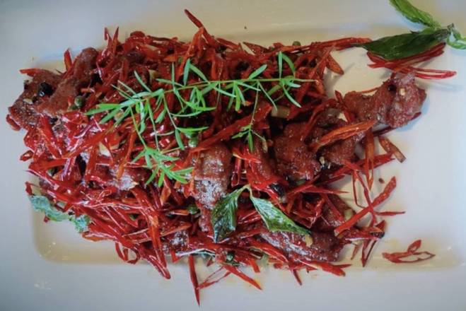 Order Sichuan Dry-Fried Beef with Soy Bean鼓椒小牛肉 food online from Dongpo Restaurant store, Arcadia on bringmethat.com