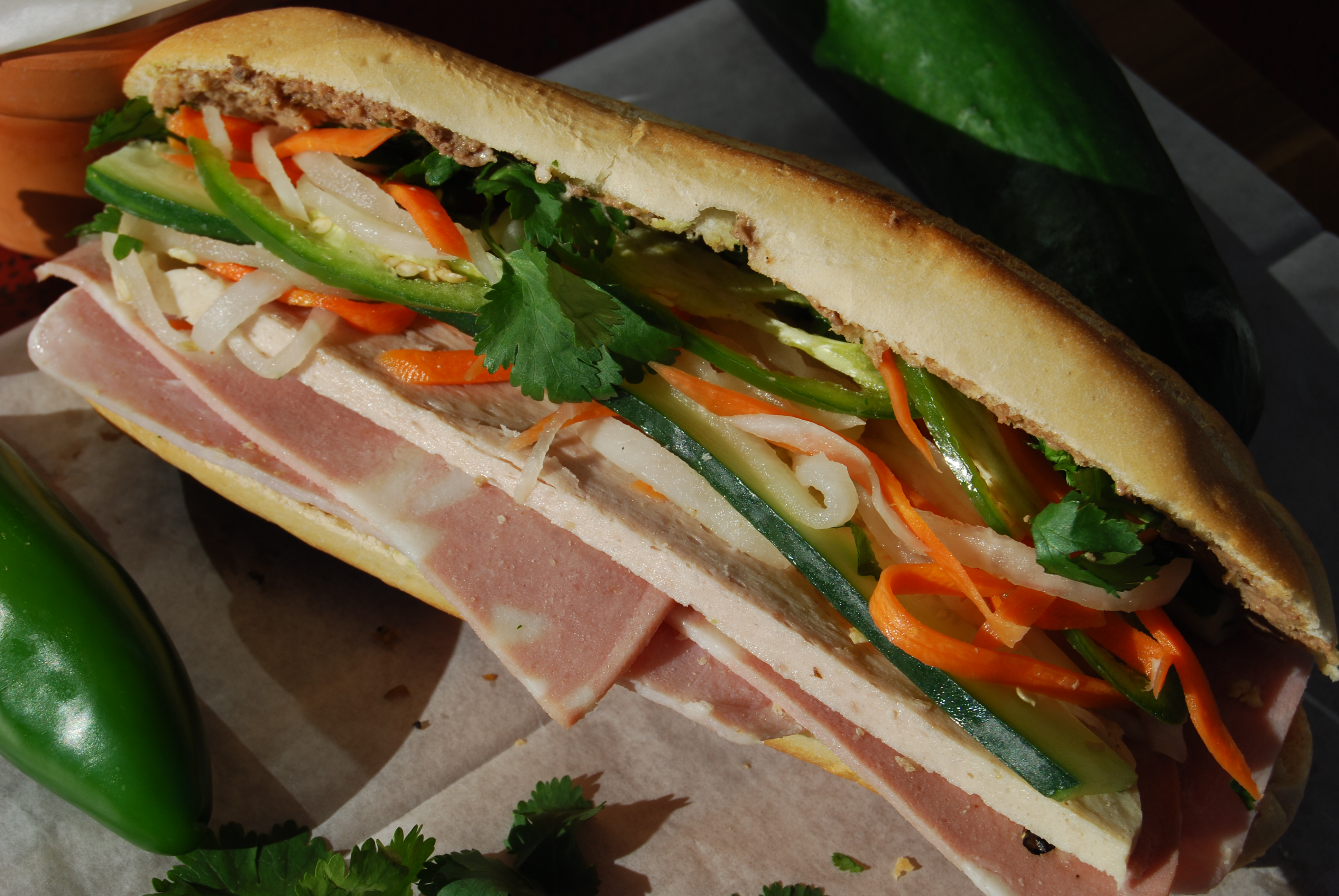 Order 5. French Ham Bahn Mi food online from M Cafe store, San Mateo on bringmethat.com