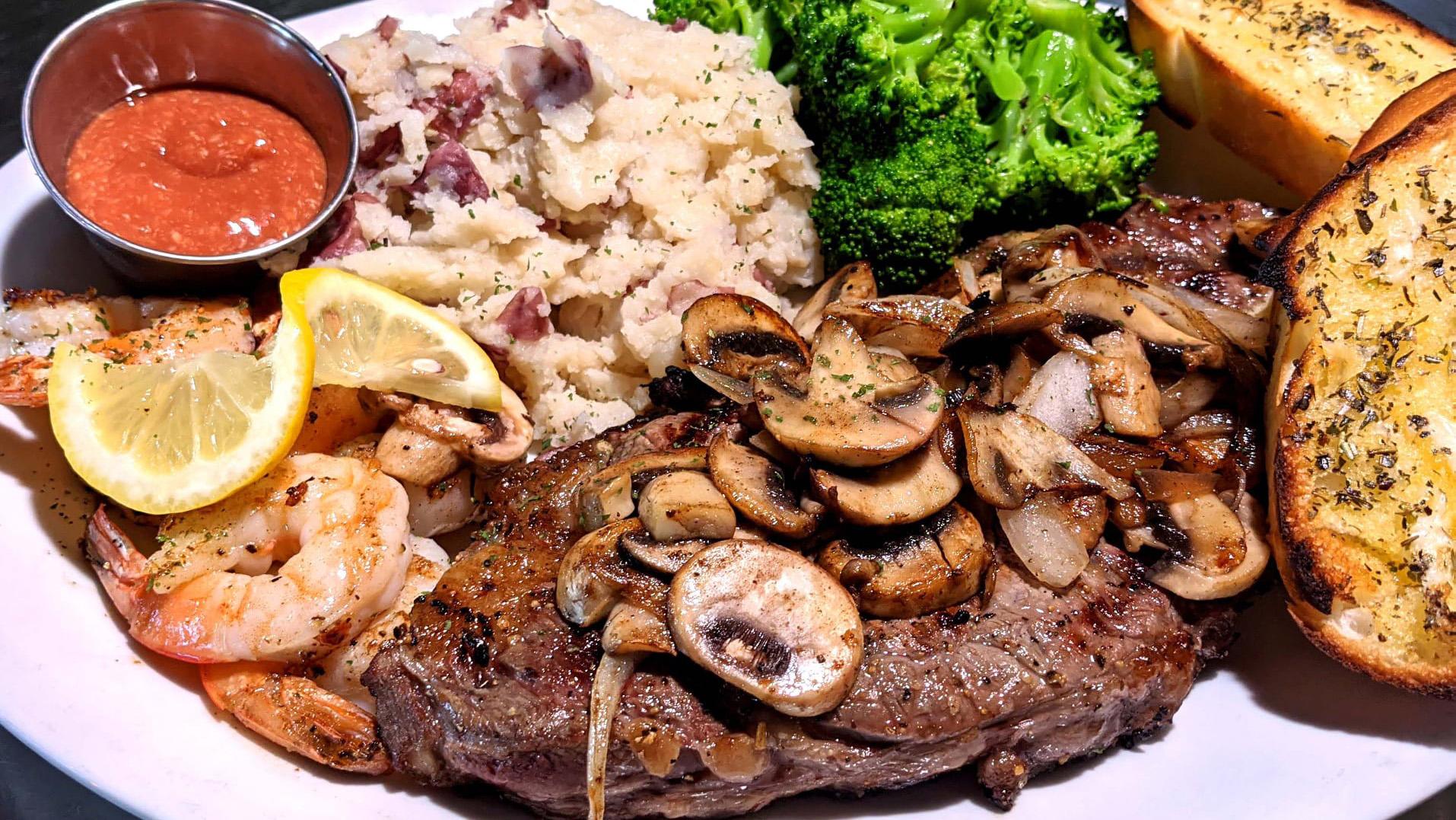 Order Ribeye + Shrimp food online from Hillcrest Restaurant And Taphouse store, Antioch on bringmethat.com