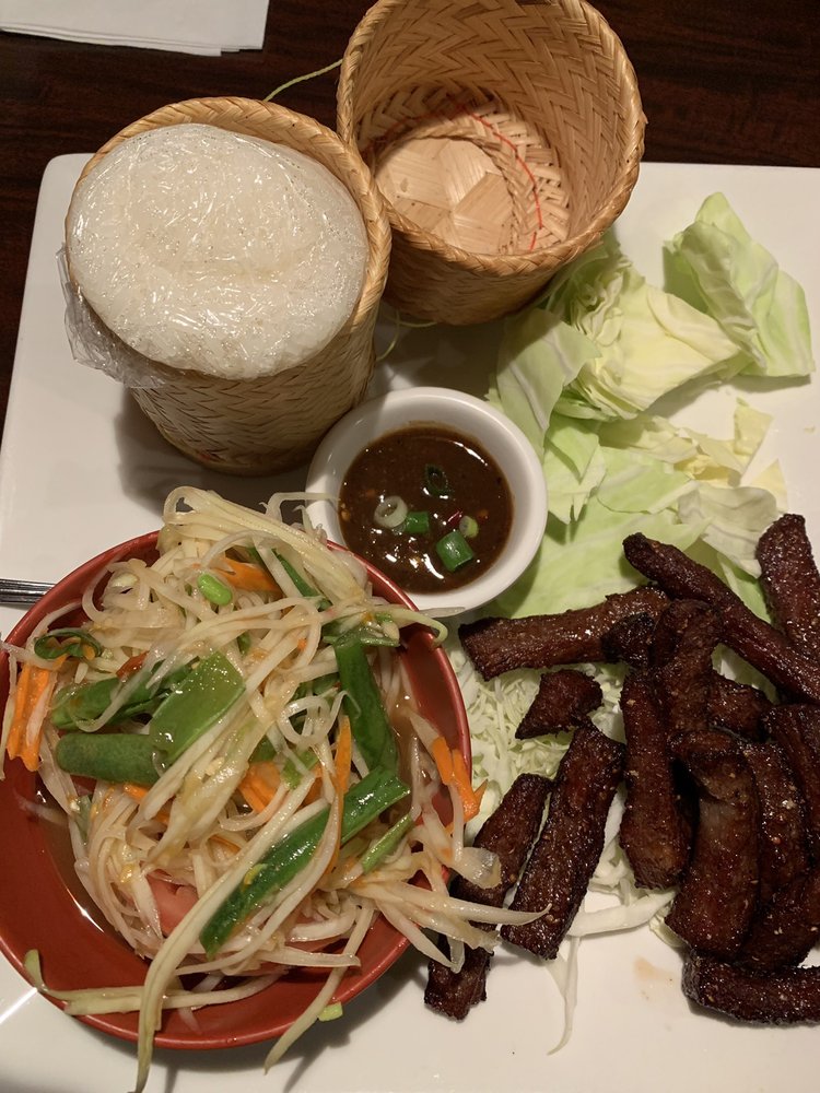Order Beef Jerky, Papaya Salad and Sticky Rice Entree food online from Lucky Thai store, Las Vegas on bringmethat.com