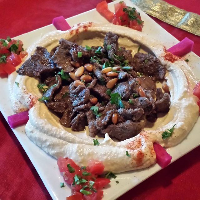 Order Hummus Topped with Shawarma food online from The Olives Branch store, San Juan Capistrano on bringmethat.com