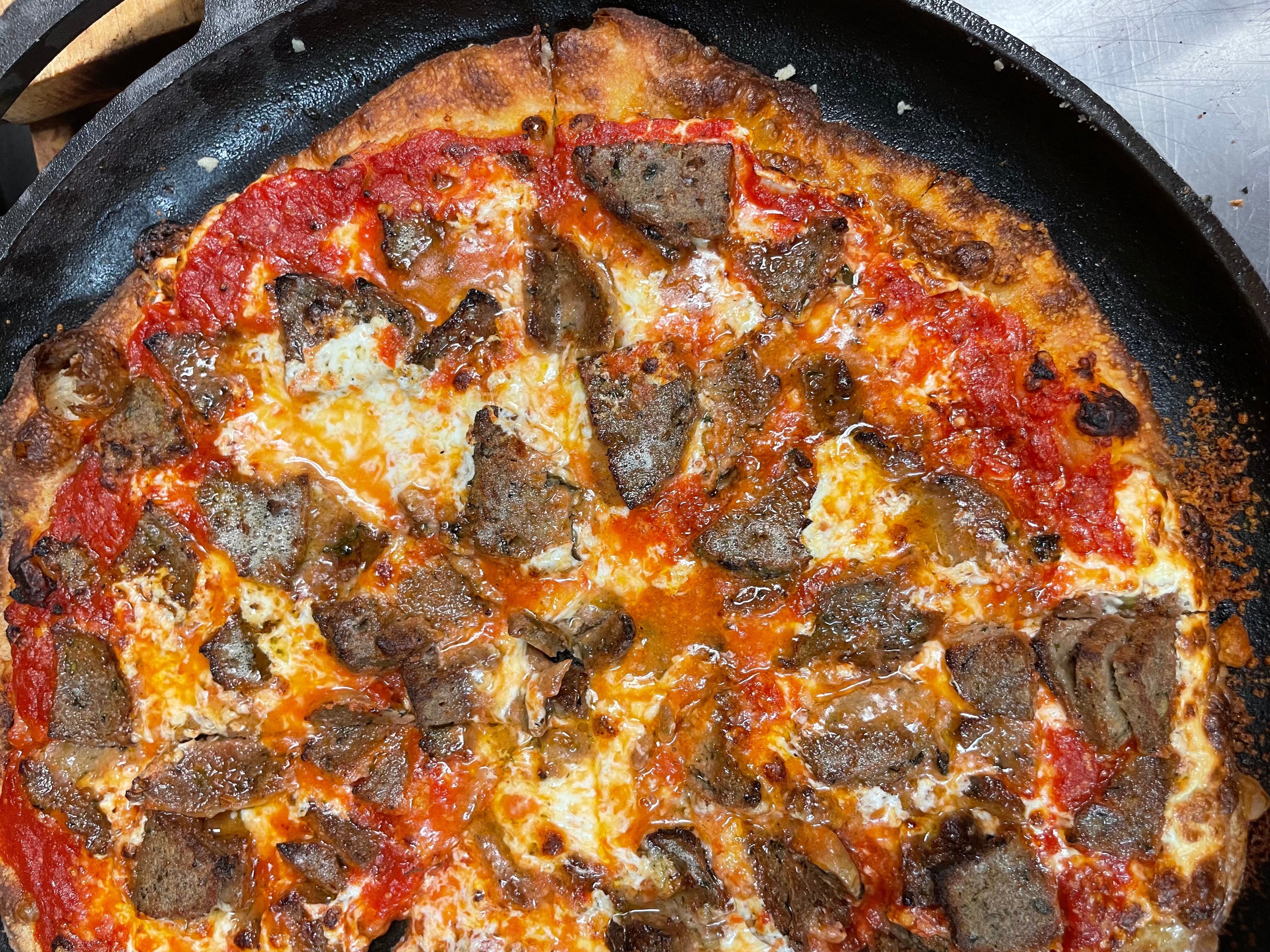 Order Spicy Meatball Pizza - 12" food online from Cast Iron Chef Kitchen & Bar store, Milford on bringmethat.com
