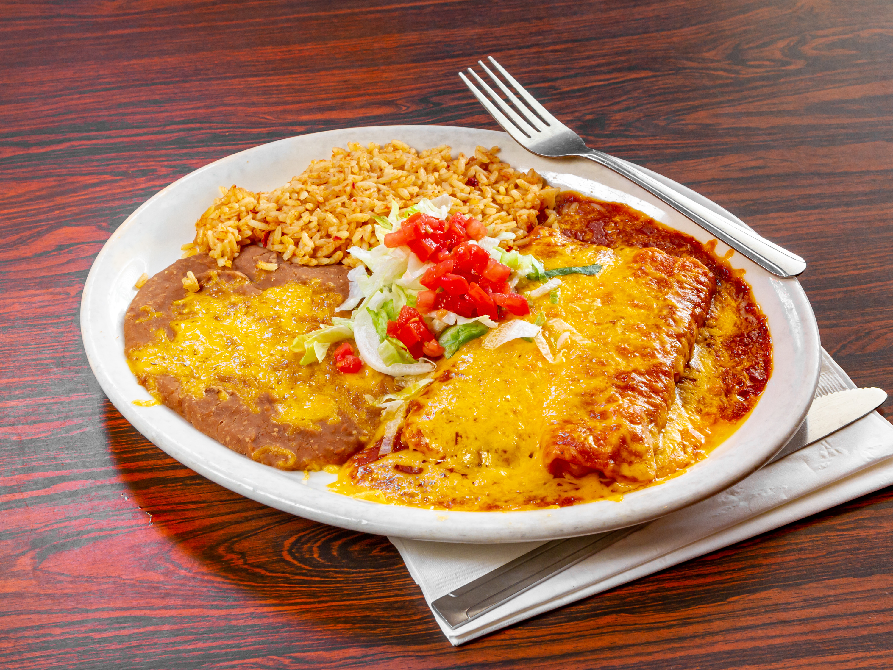 Order 5. Cheese Enchiladas(2), Rice and Beans food online from Casa Del Rio Mexican Restaurant store, Tucson on bringmethat.com