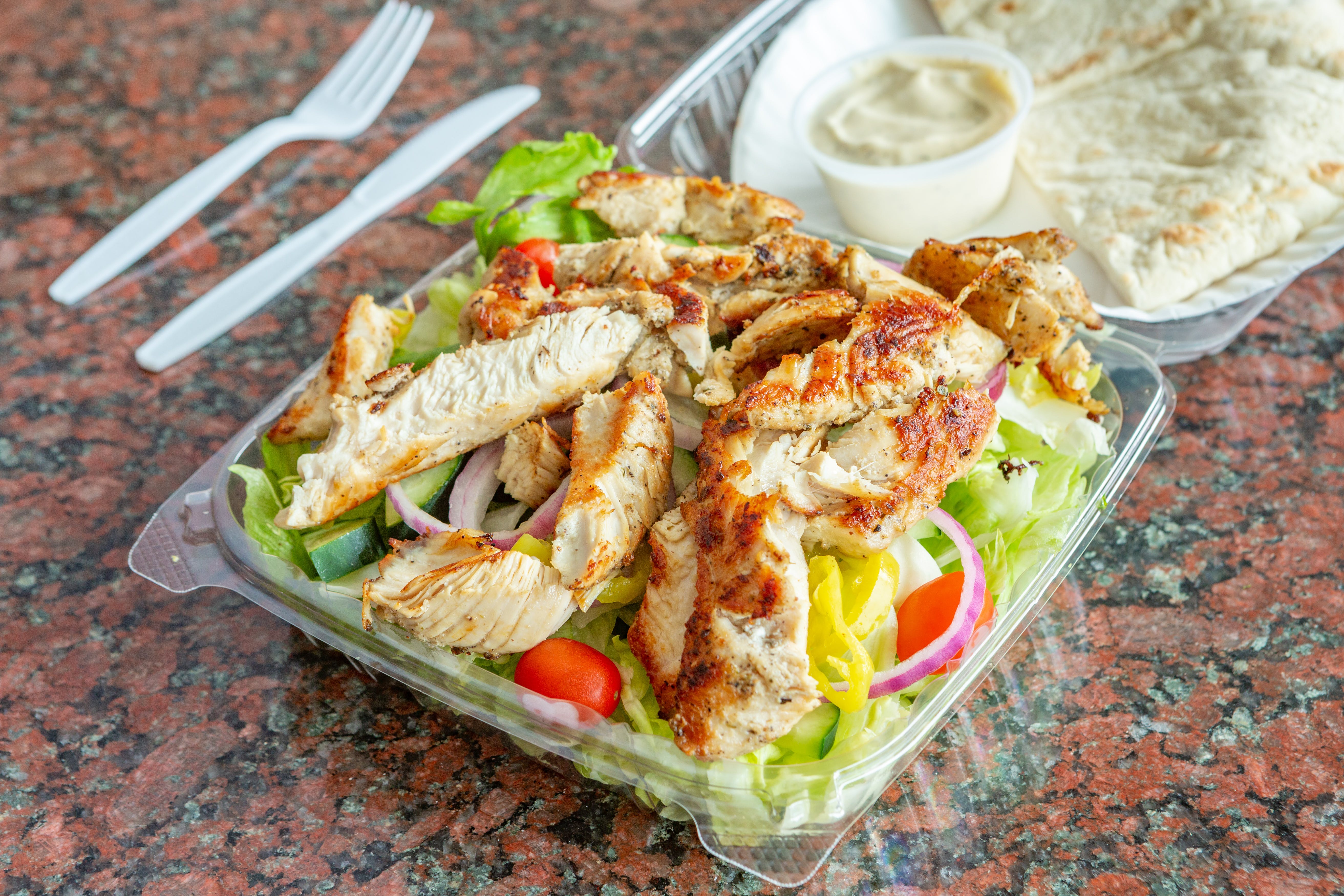 Order Char Grilled Chicken Salad - Salad food online from Theo's Pizzeria & Grill - Belmont store, Belmont on bringmethat.com