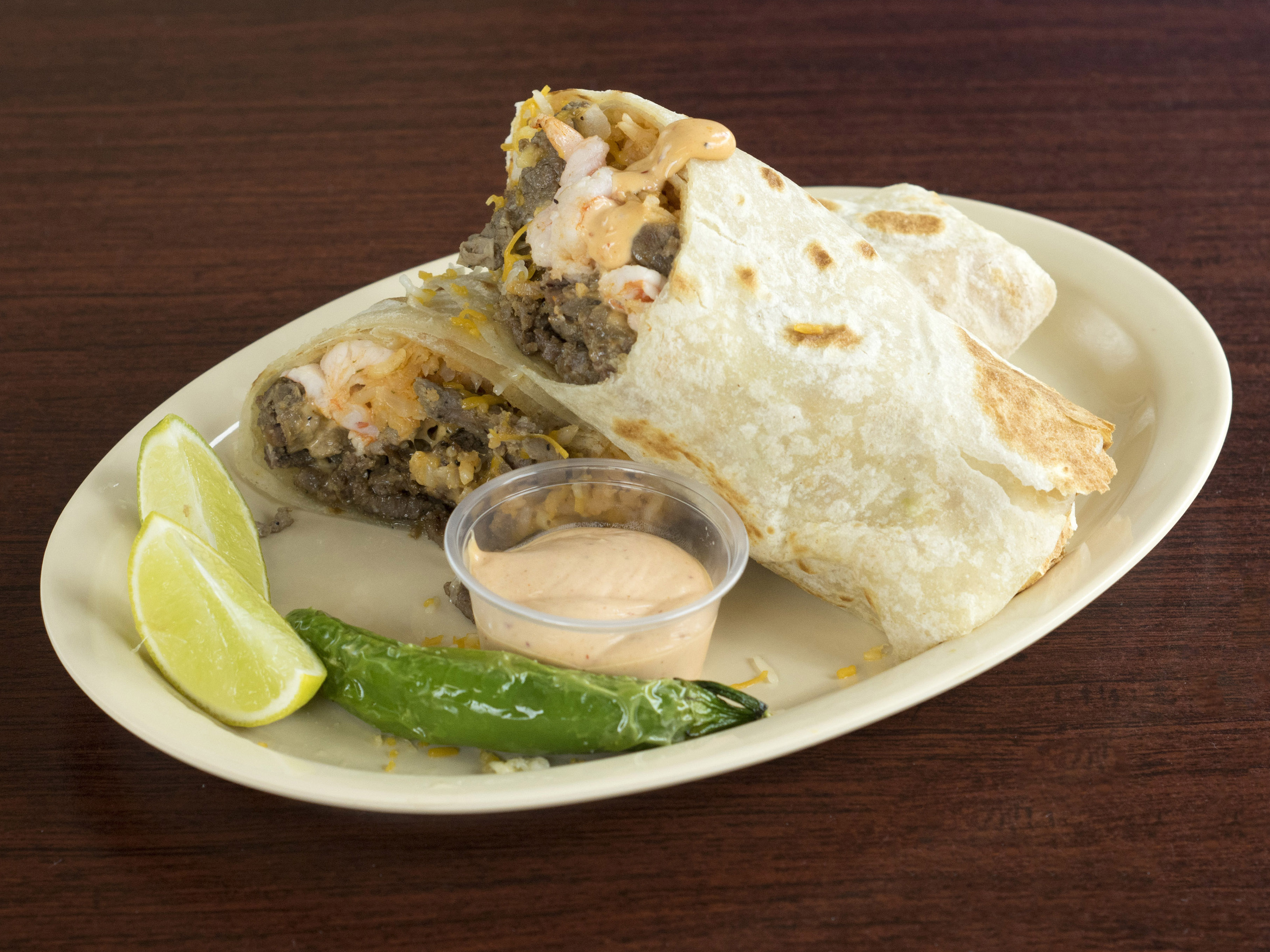 Order Surf and Turf Burrito food online from Panchos Breakfast store, Chula Vista on bringmethat.com