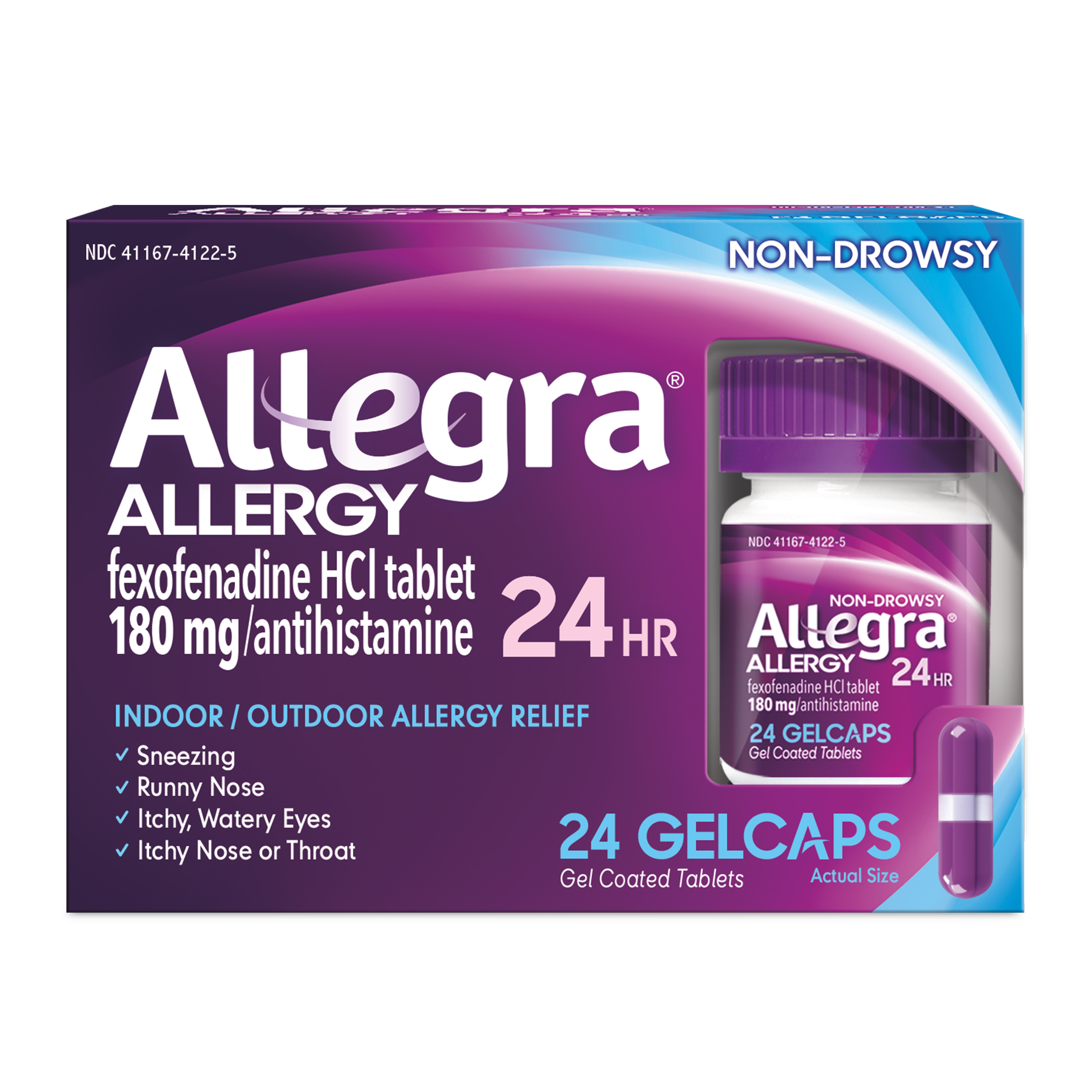 Order Allegra 24HR Allergy Relief Gelcaps, 180mg - 24 ct food online from Rite Aid store, Cathedral City on bringmethat.com