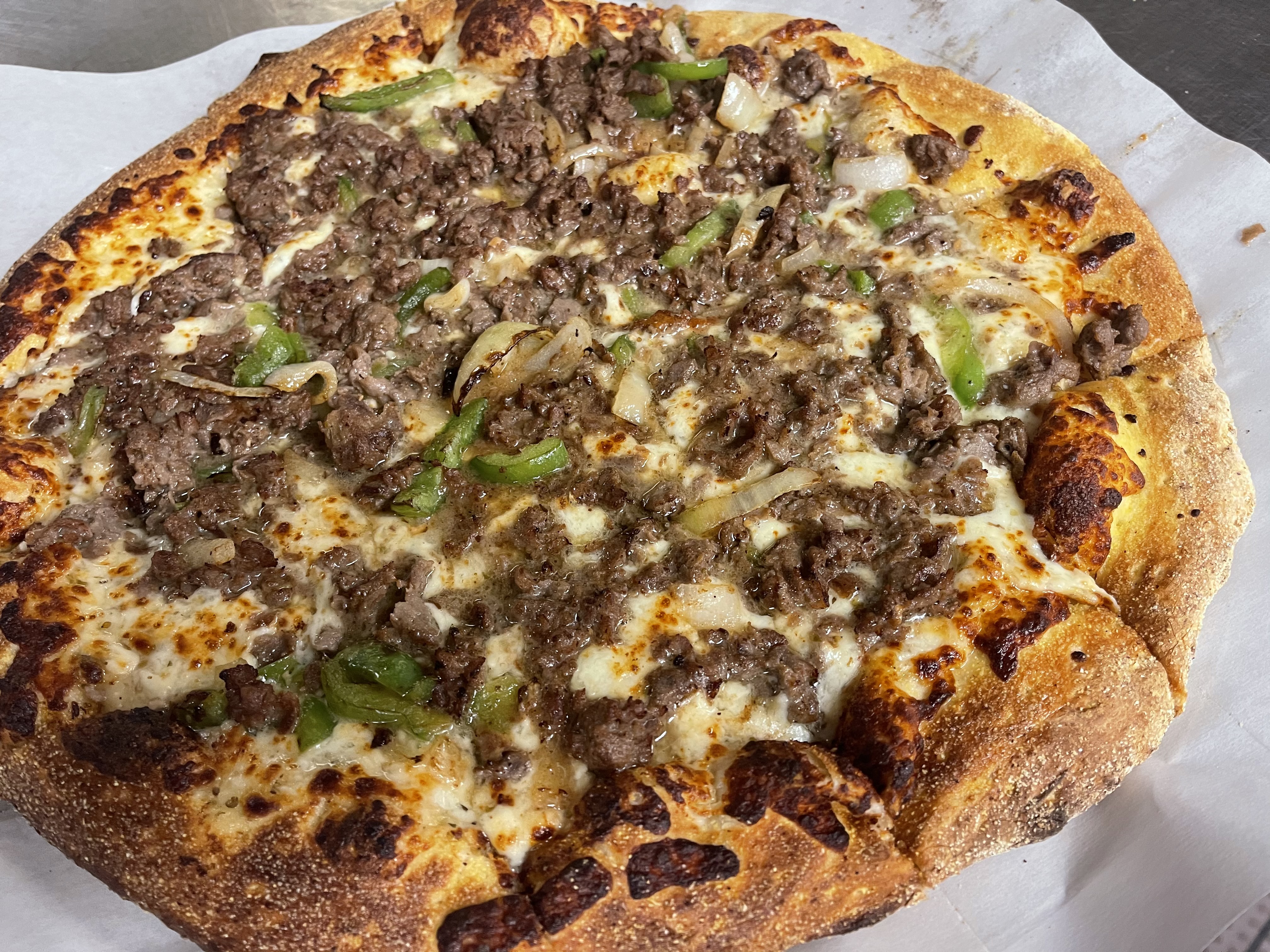 Order Philly Cheesesteak Pizza (LARGE) food online from The Original Warehouse store, Buffalo on bringmethat.com