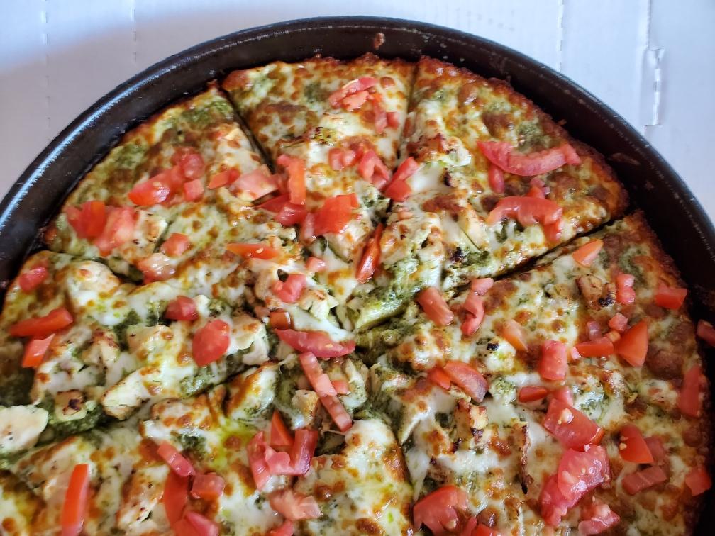 Order Basil Pesto Chicken Pizza food online from Quatro's store, Carbondale on bringmethat.com