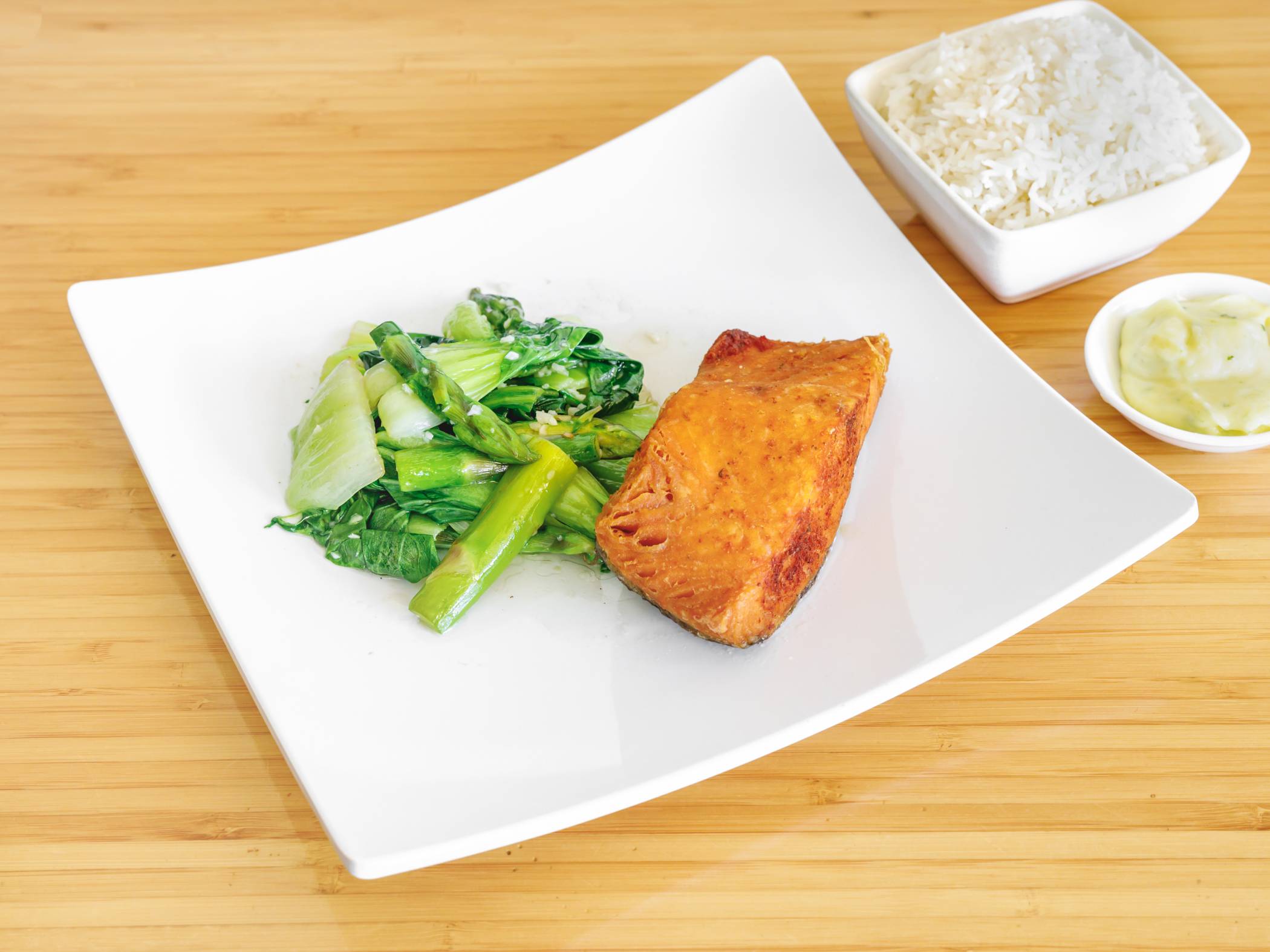 Order Pan-Seared Salmon and Bok Choy food online from Benley: A Vietnamese Kitchen store, Long Beach on bringmethat.com