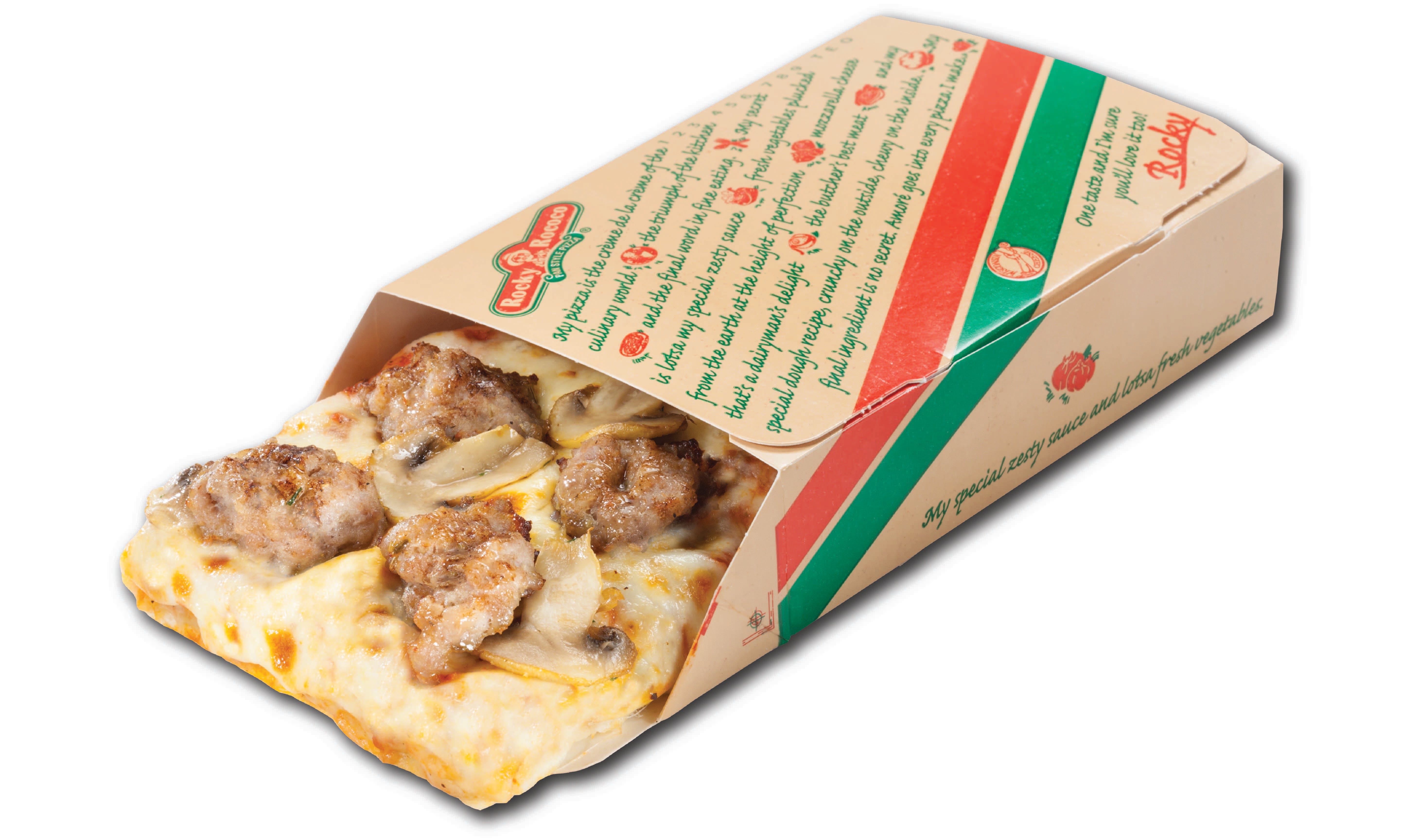 Order Sausage & Mushroom Regular Pizza Slice - 1/2 lb. food online from Rocky Rococo store, Wausau on bringmethat.com