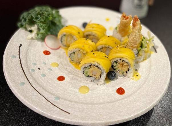 Order Mango Dragon Roll (8 pcs) food online from Lili sushi store, Carol Stream on bringmethat.com
