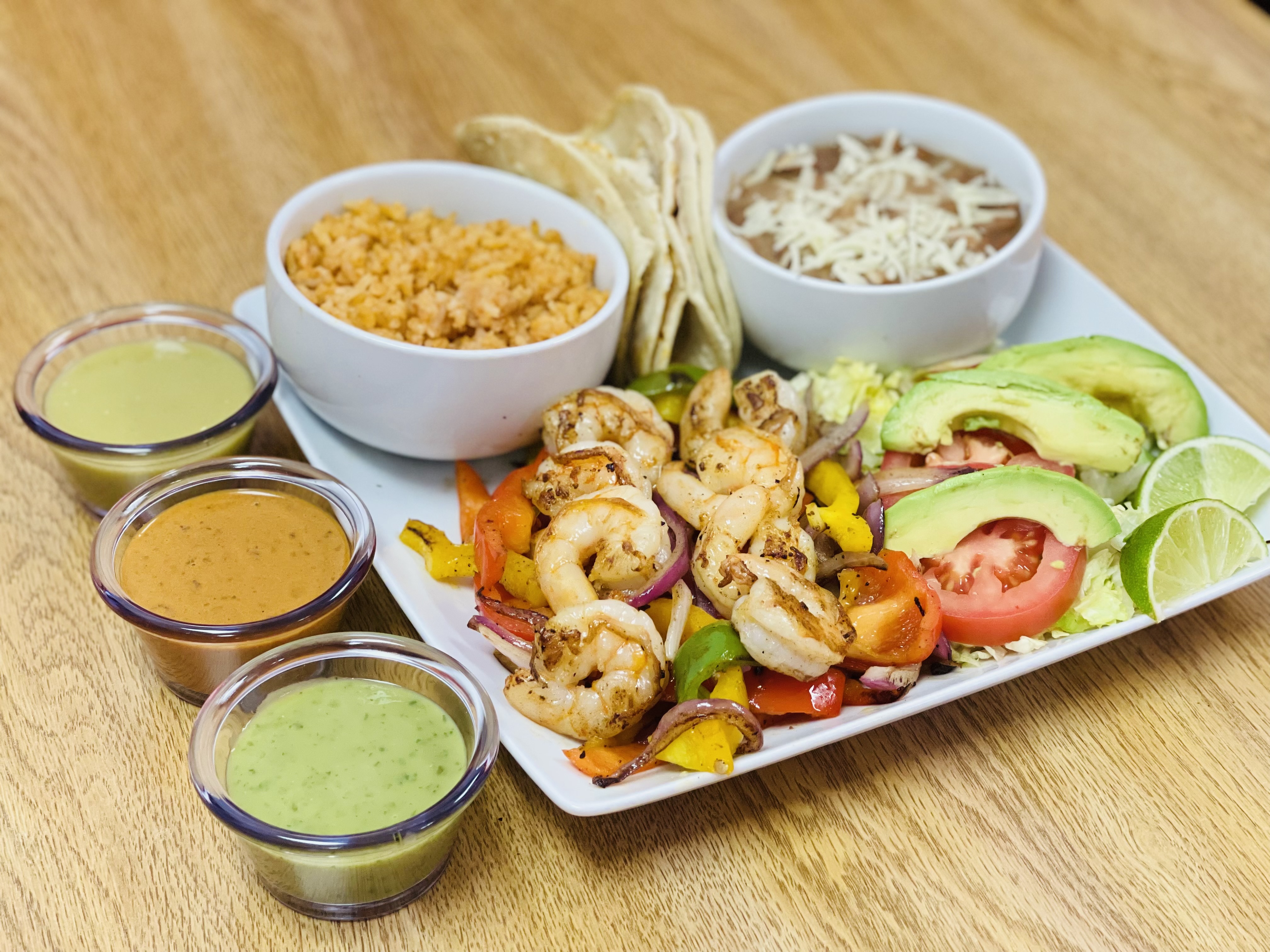 Order Shrimp Fajita + Rice and Beans Plate food online from My Taco House store, Modesto on bringmethat.com
