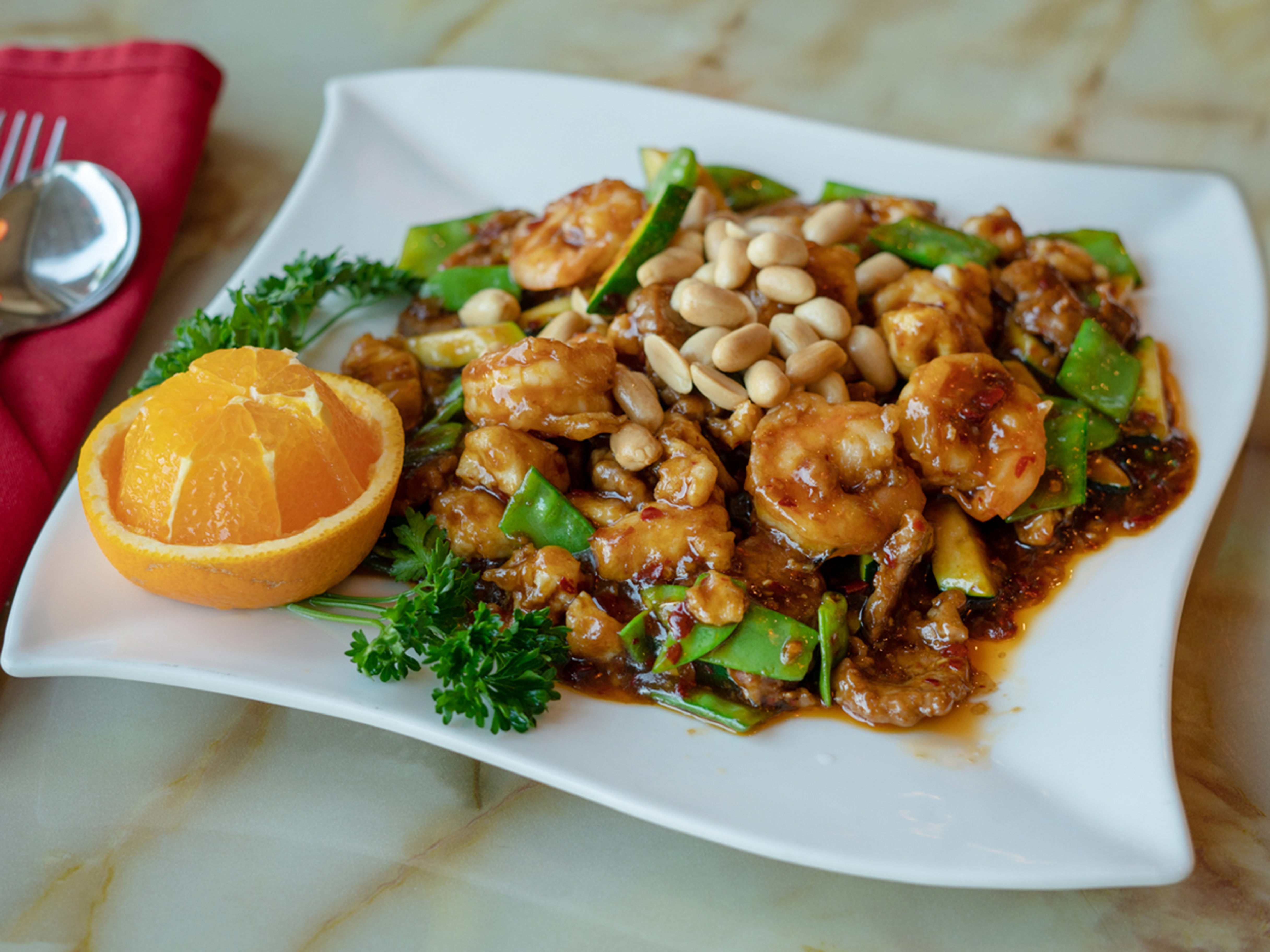 Order H12. Kung Pao Triple Delight food online from Green Asian Bistro store, Frisco on bringmethat.com