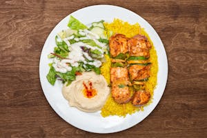 Order Salmon Kabob Plate food online from The Green Olive store, Pismo Beach on bringmethat.com
