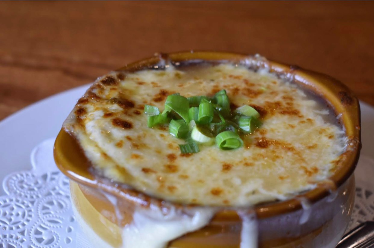 Order 5 Onion Soup food online from The Village Grill store, Raleigh on bringmethat.com