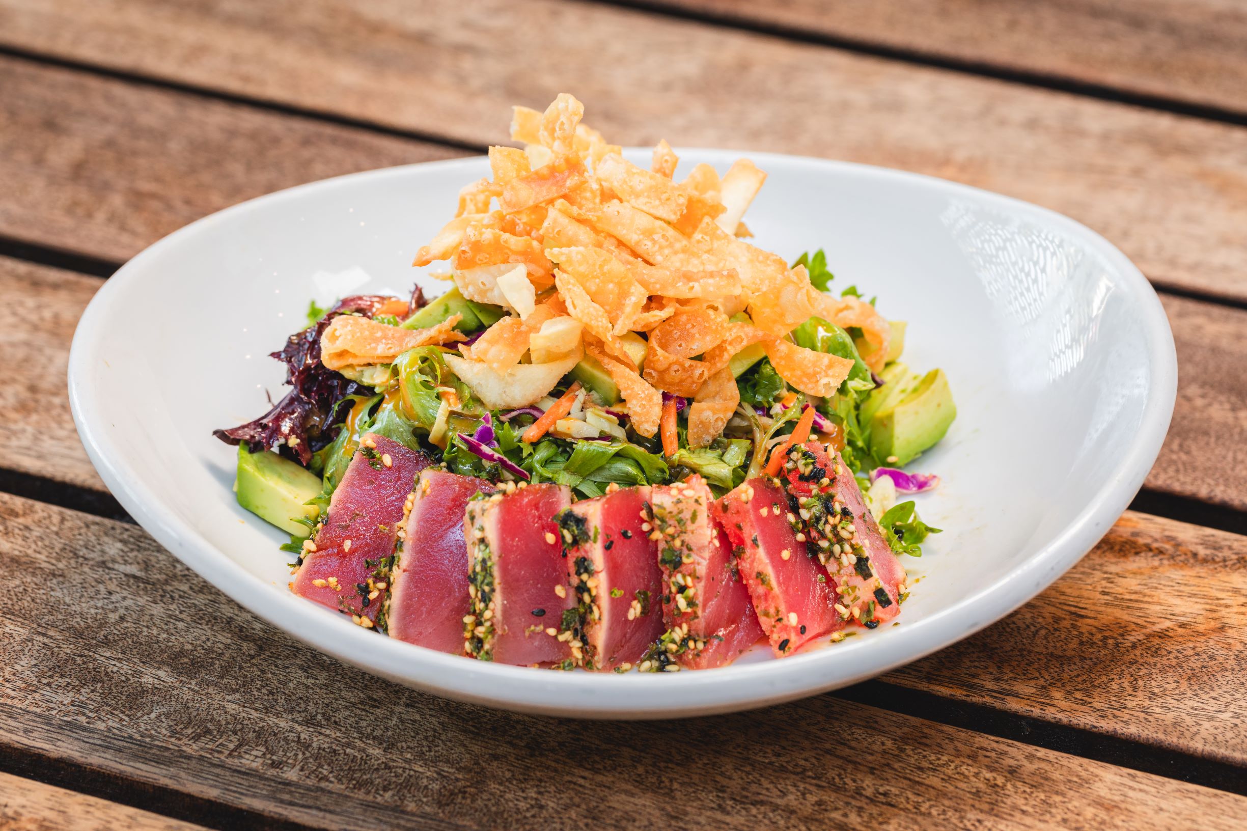 Order Seared Furikake Crusted Ahi Tuna Salad food online from Eureka! store, Las Vegas on bringmethat.com