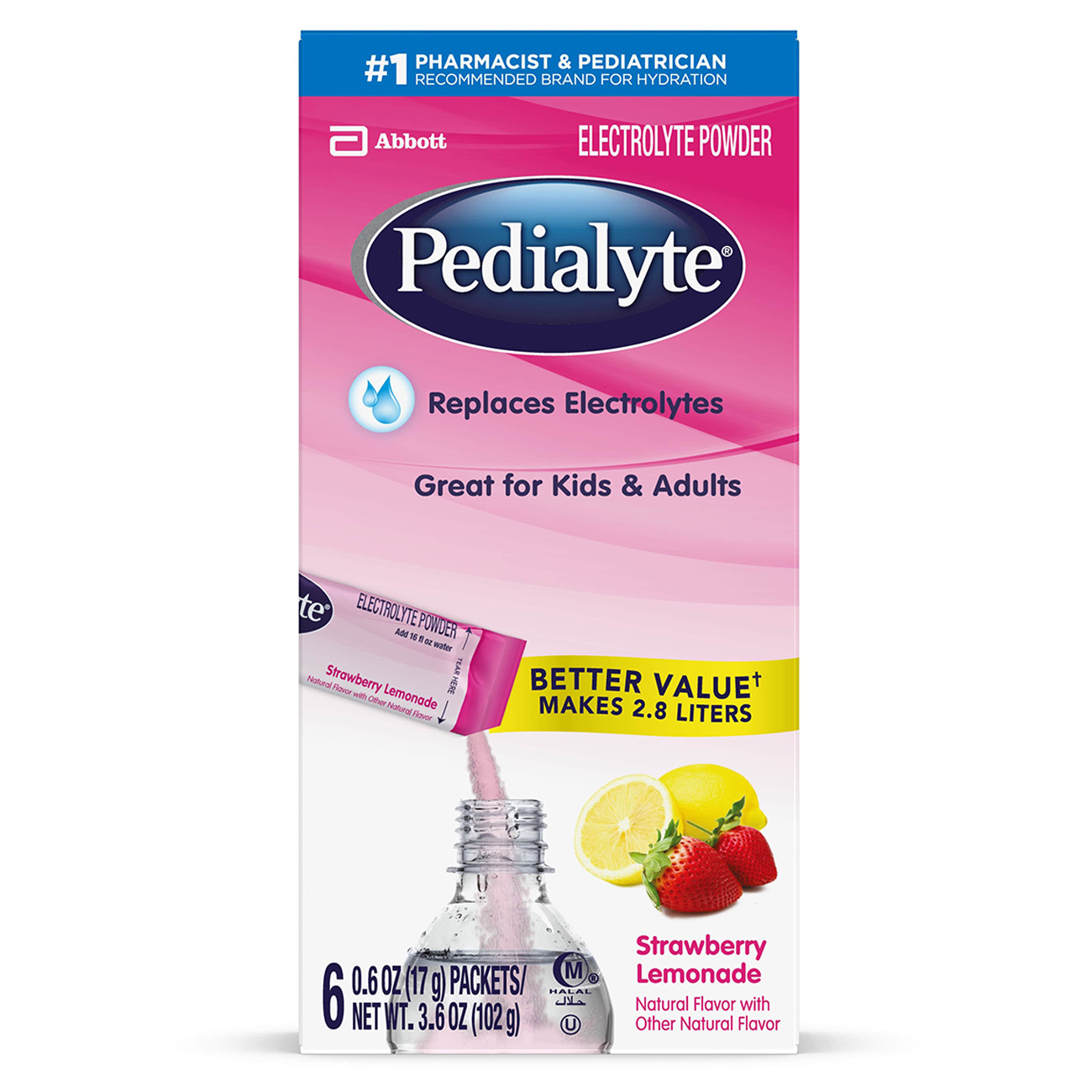 Order Pedialyte Electrolyte Powder - Strawberry Lemonade, 0.6 oz, 6 ct food online from Rite Aid store, MILLER PLACE on bringmethat.com