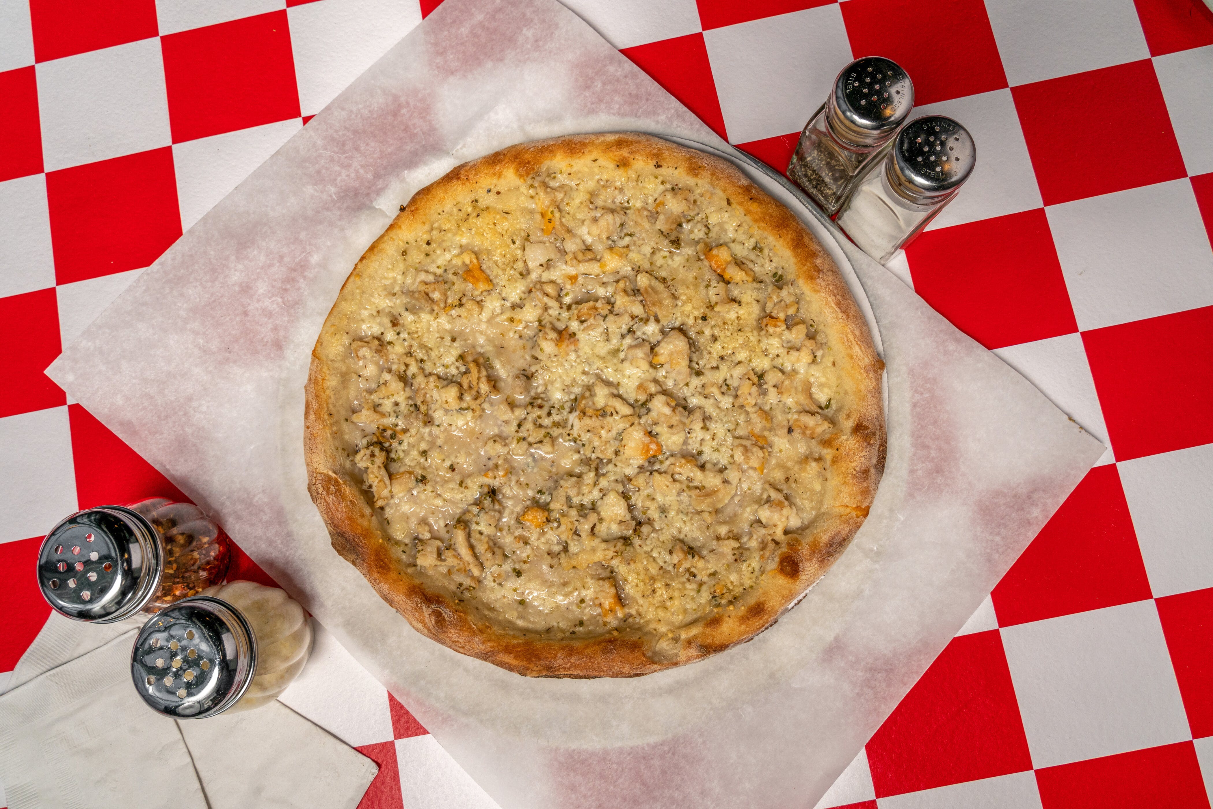 Order Chicken Scampi Pizza - Pizza food online from Pizza Works store, Old Saybrook on bringmethat.com