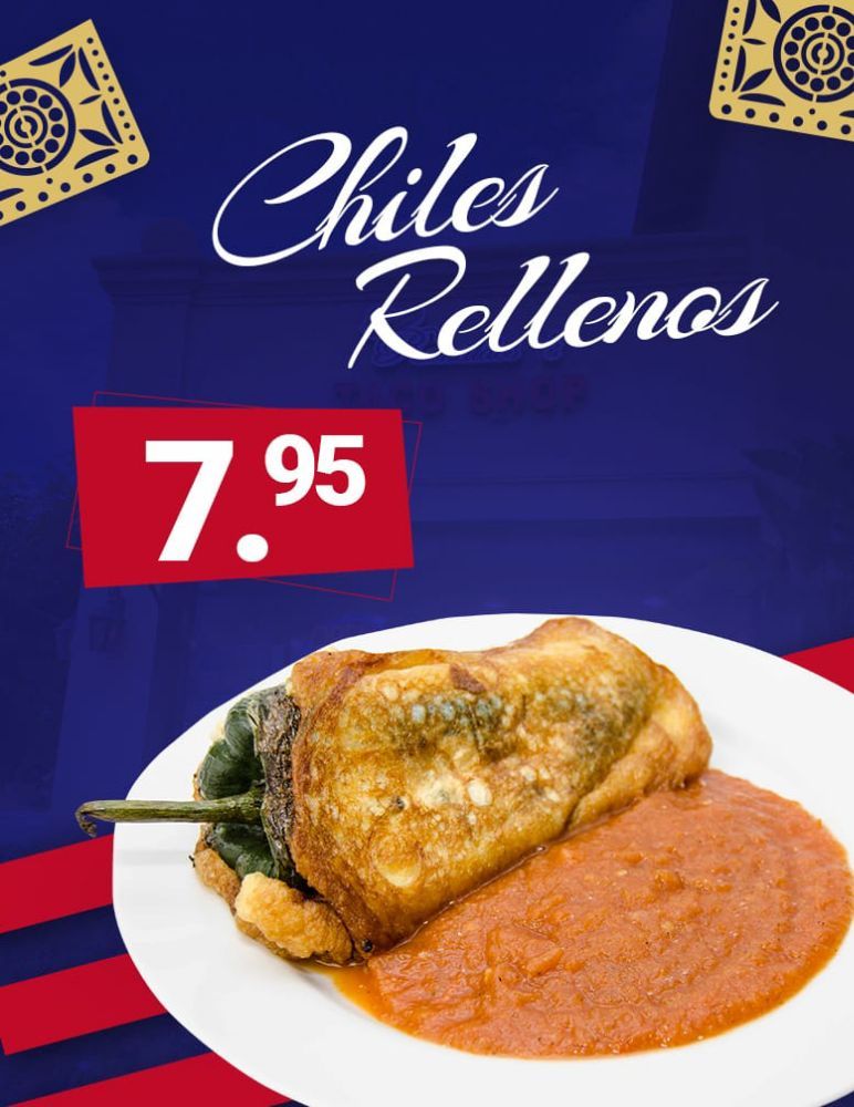 Order 20. Two Chiles Rellenos Combo Plate food online from Ronaldos Taco Shop store, Mission Viejo on bringmethat.com