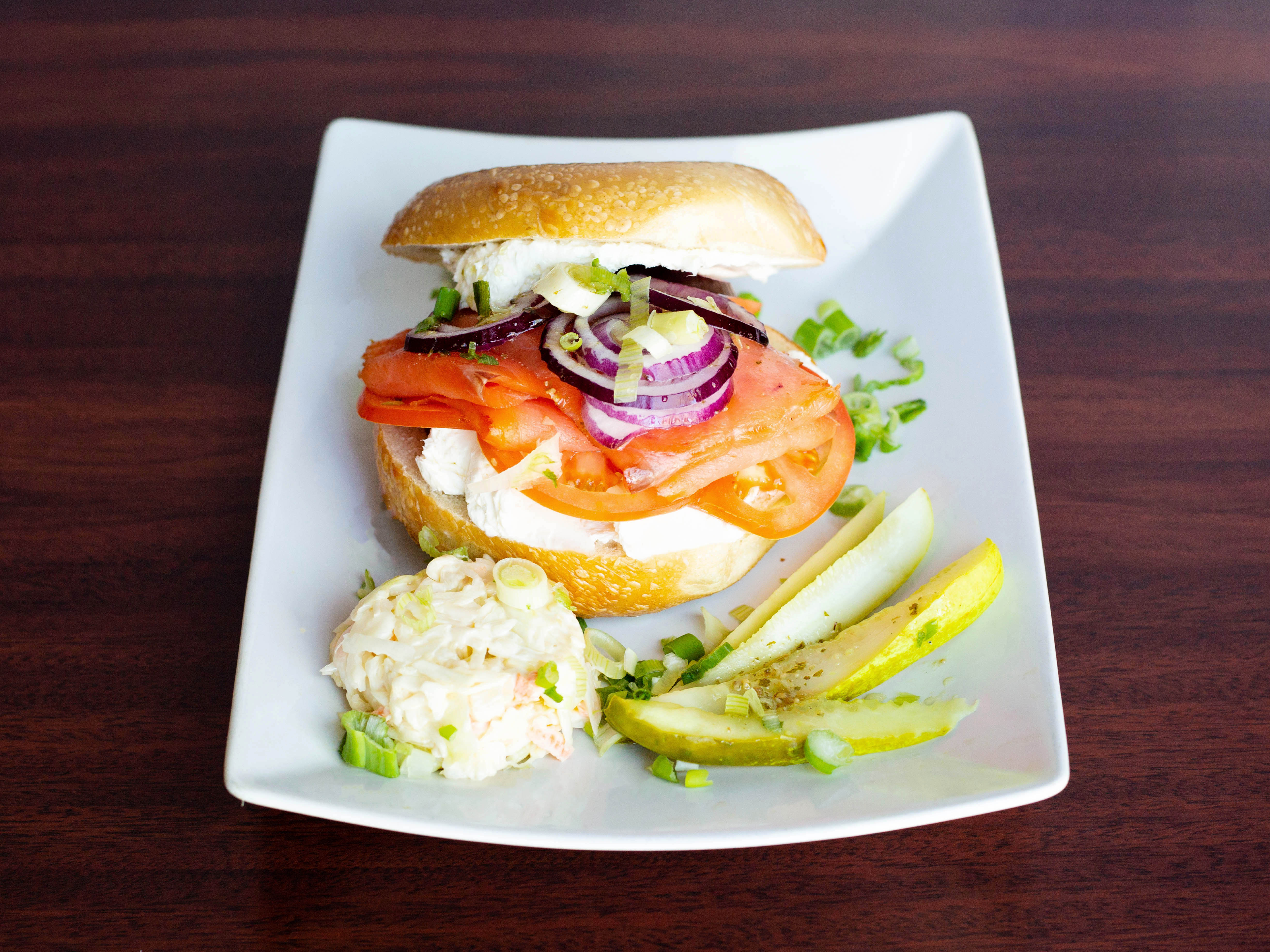Order Bagel with Sliced Lox and Cream Cheese Breakfast food online from Lindenhurst Bagels & Deli store, Lindenhurst on bringmethat.com