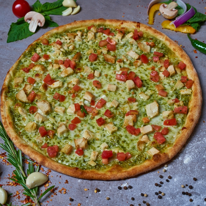 Order Chicken Pesto Pizza food online from The Bella Ciao store, Charlotte on bringmethat.com