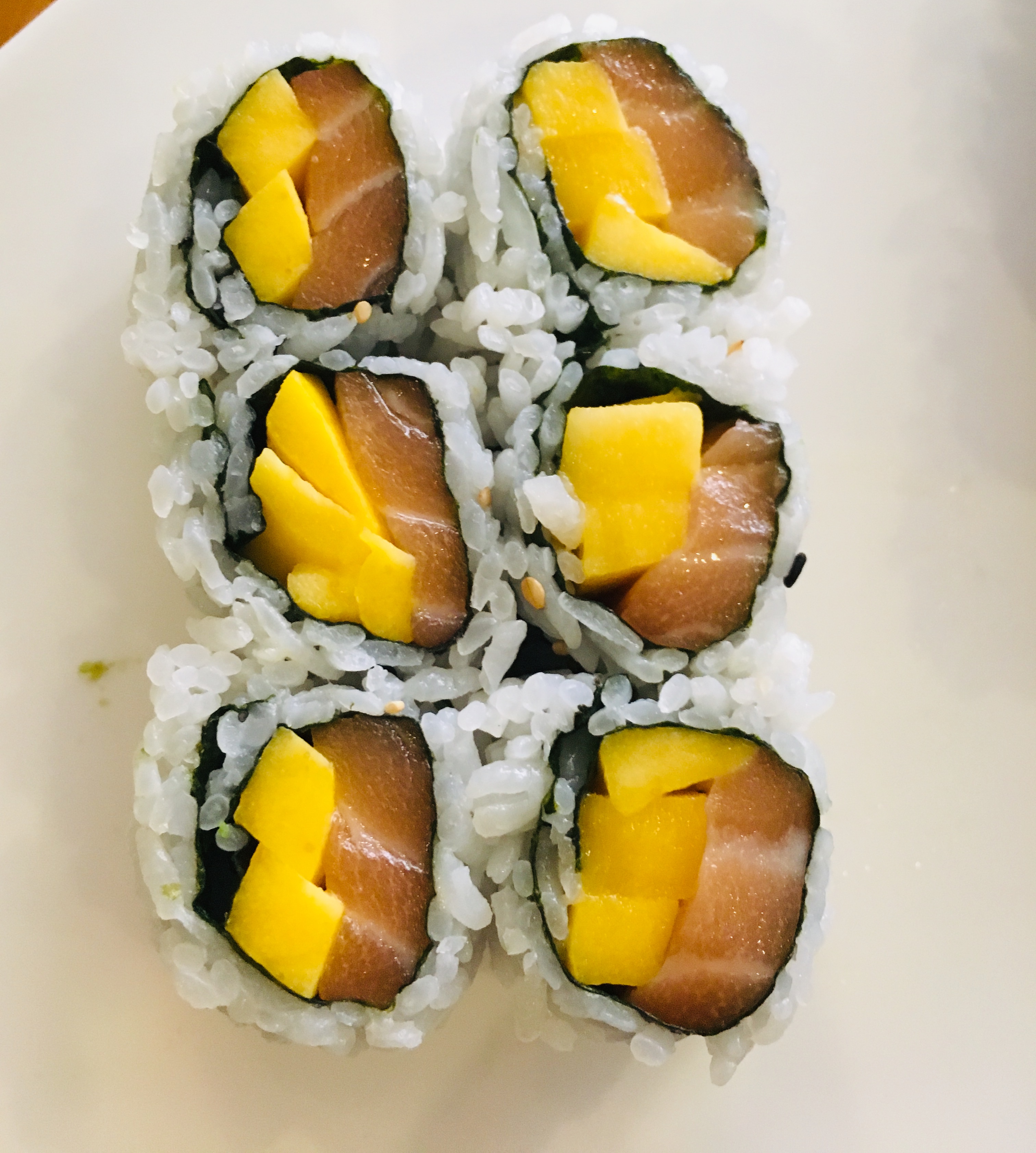 Order 6 Piece Salmon Mango Roll food online from Crane Restaurant store, Nashua on bringmethat.com