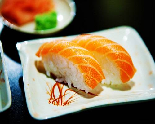Order Salmon Sushi (2pcs) food online from Sushi Factory store, Azusa on bringmethat.com