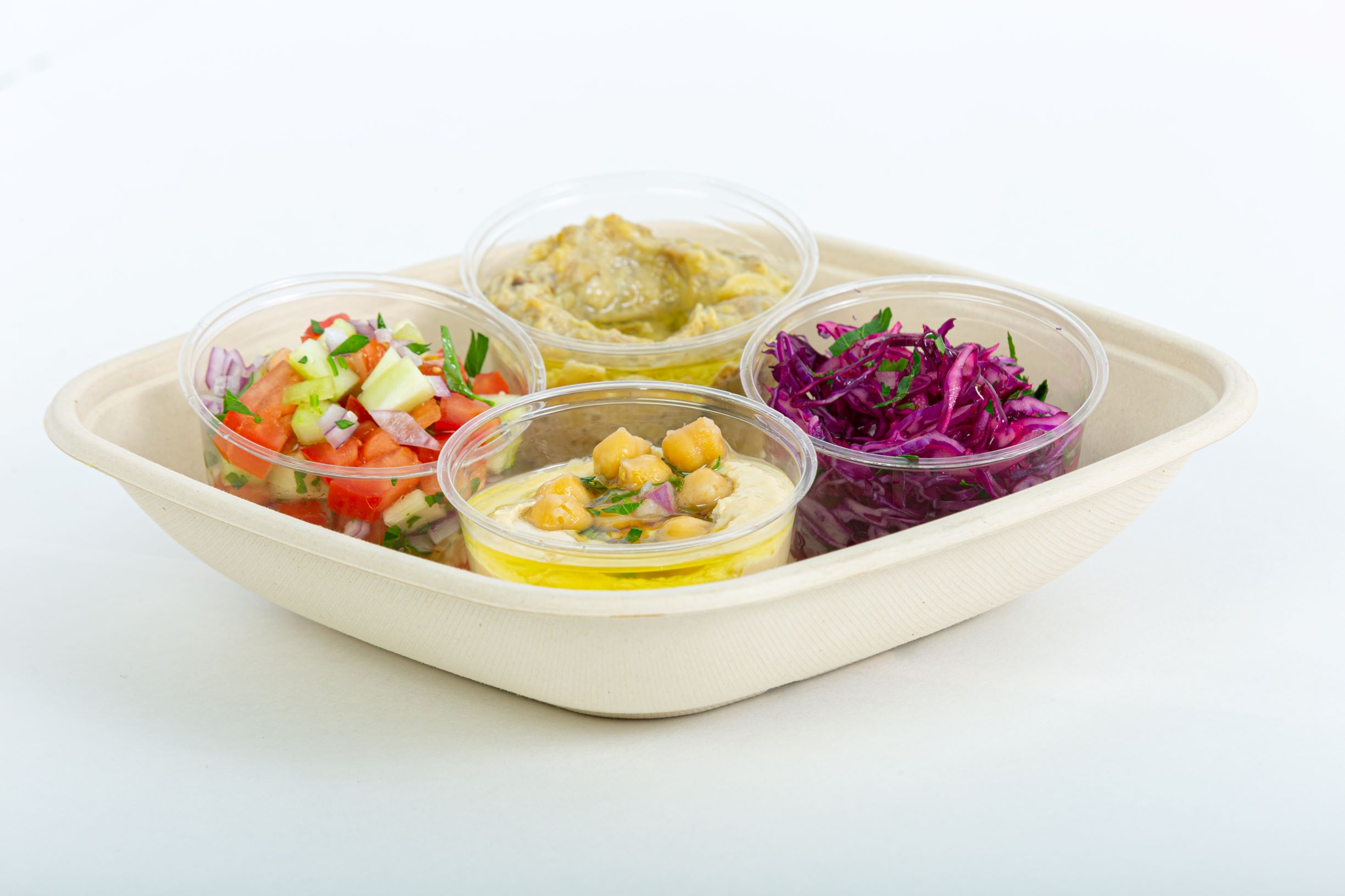 Order Mezze platter - 4 homemade small salads food online from Sabra Grill store, San Francisco on bringmethat.com