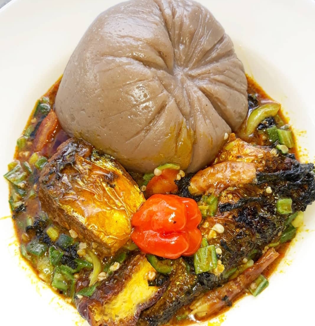 Order Okra Soup with Amala Fufu food online from Intercontinental Nigerian Restaurant store, Columbus on bringmethat.com