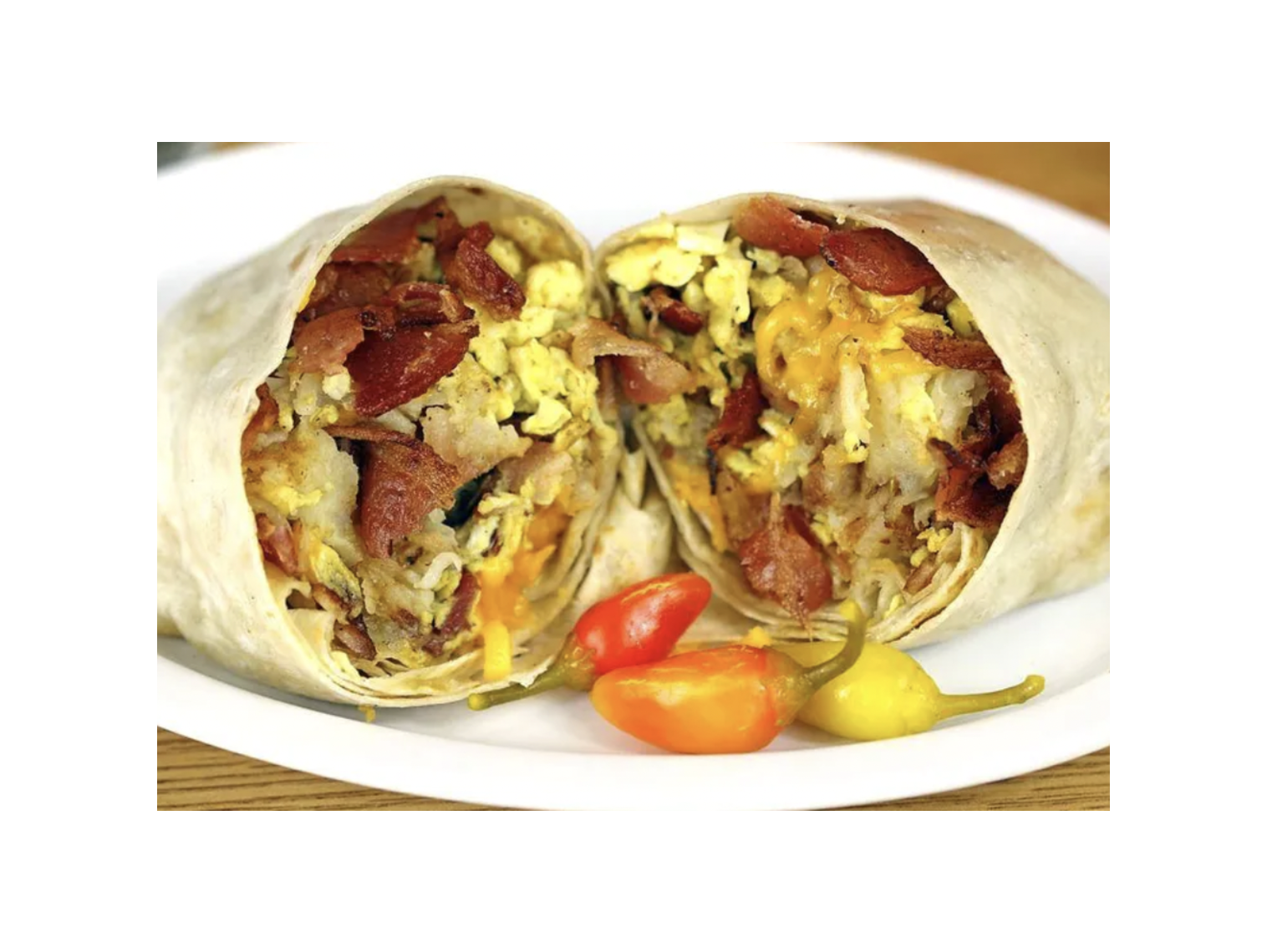 Order Bacon Breakfast Burrito food online from Norm Famous Burgers store, Whittier on bringmethat.com