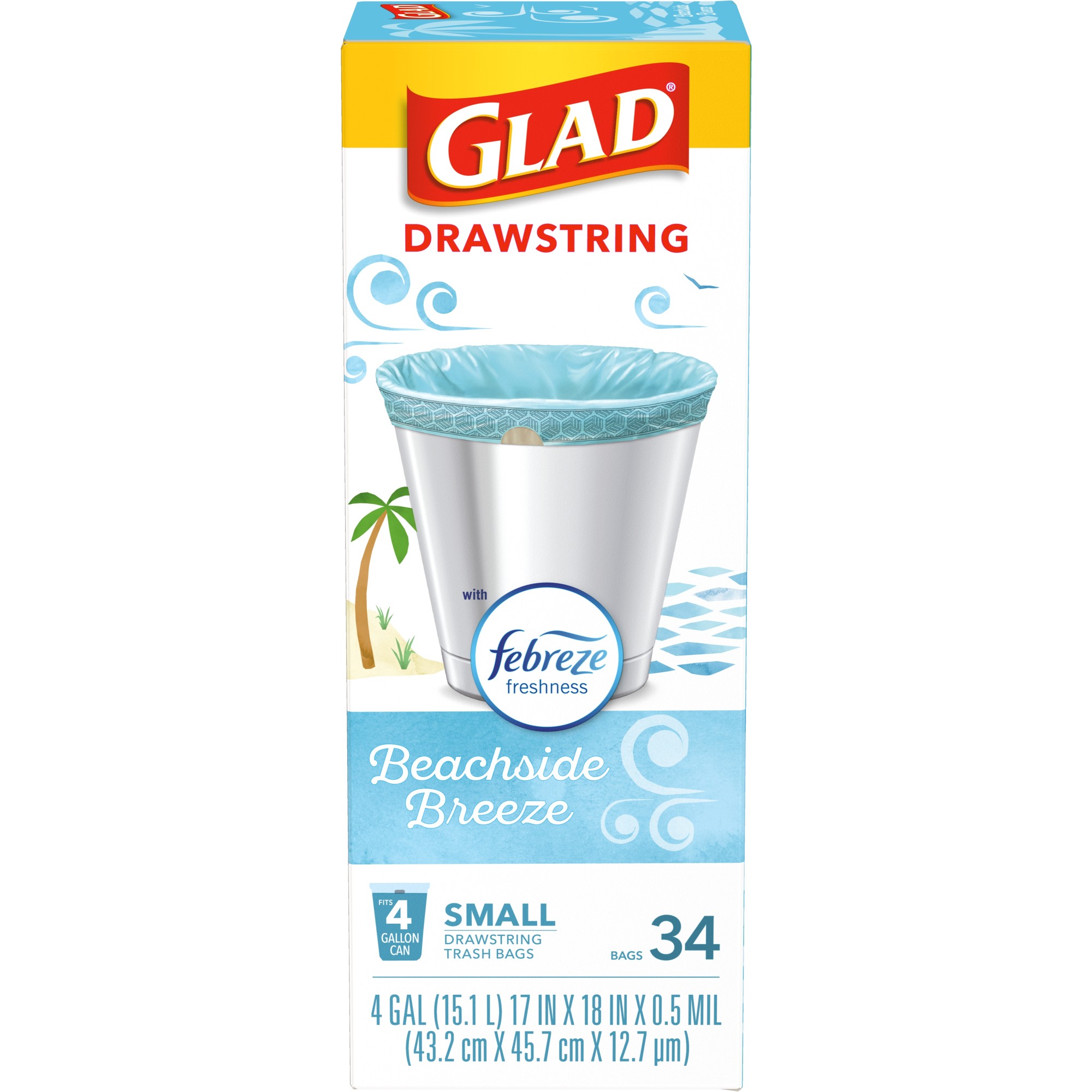 Order Glad OdorShield Small Drawstring Trash Bags - Febreze Beachside Breeze, 4 Gallon, 34 ct food online from Rite Aid store, Cathedral City on bringmethat.com