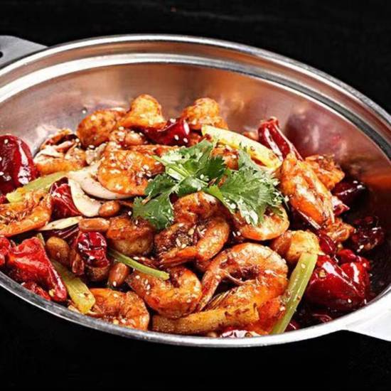 Order Griddle Cooked Jumbo Shrimp  w. Chef’s Special Chili Paste干锅大虾 food online from Chuanyu Fusion store, Oklahoma City on bringmethat.com