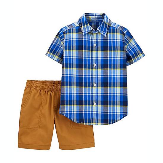 Order carter's® Size 9M 2-Piece Plaid Button-Front Shirt and Short Set in Blue/Brown food online from Bed Bath & Beyond store, Lancaster on bringmethat.com