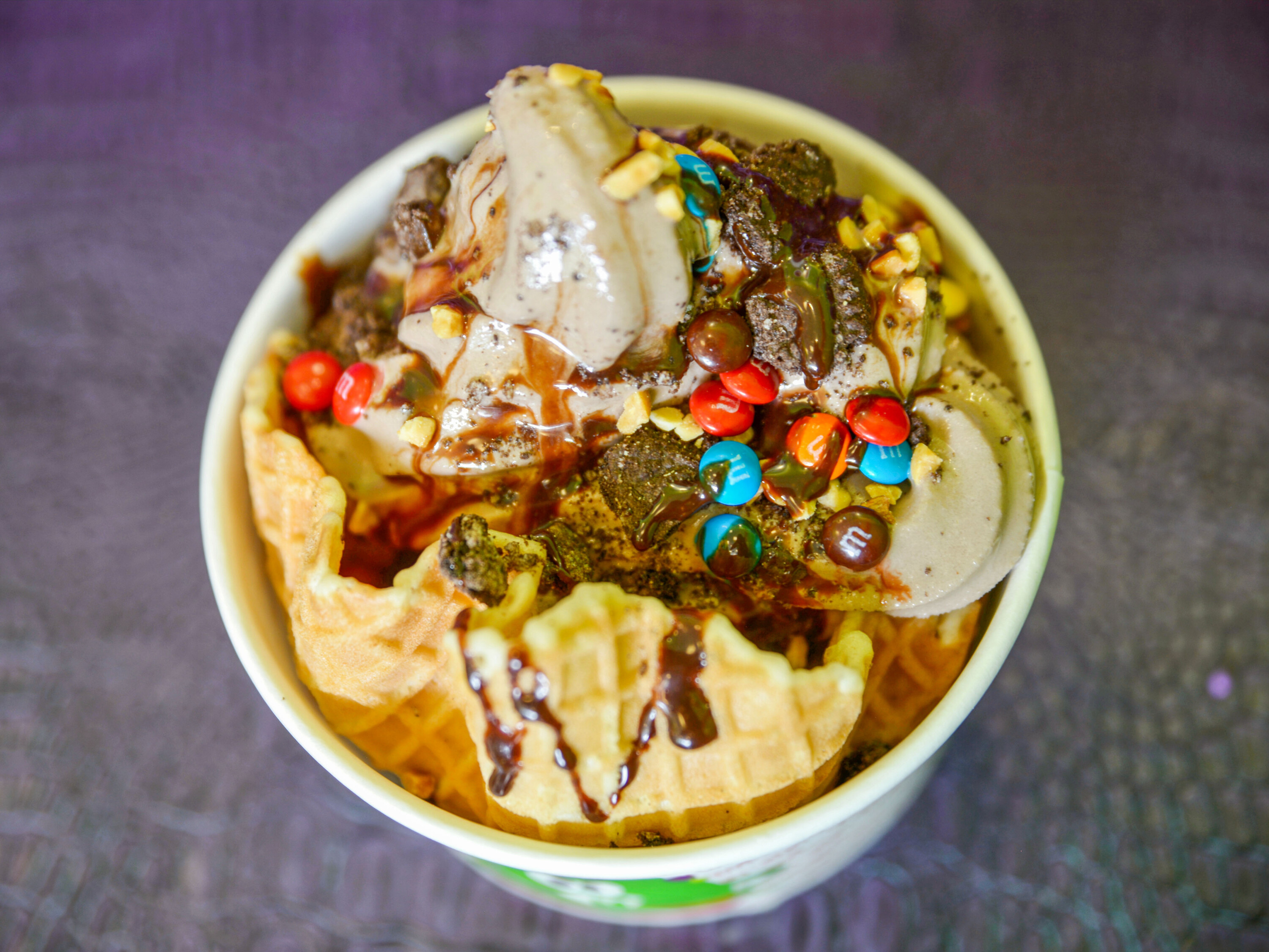 Order 20 oz. Bowl With Fresh Made Waffle Cone food online from Monster Yogurt store, Dallas on bringmethat.com