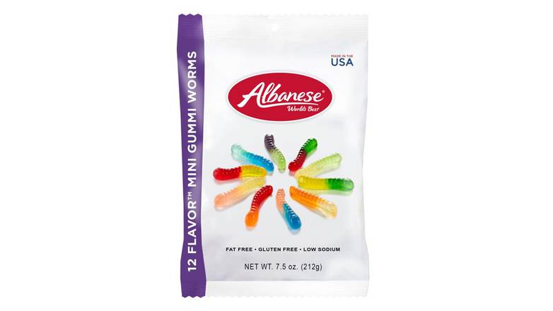 Order Albanese Fat-Free Gluten-Free Assorted Flavors Gummi Worms food online from Route 7 Food Mart store, Norwalk on bringmethat.com