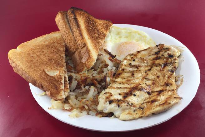 Order 11. 2 Egg, Hash Brown, Toast and Chicken Breast  food online from Michael's Burgers store, Canoga Park on bringmethat.com