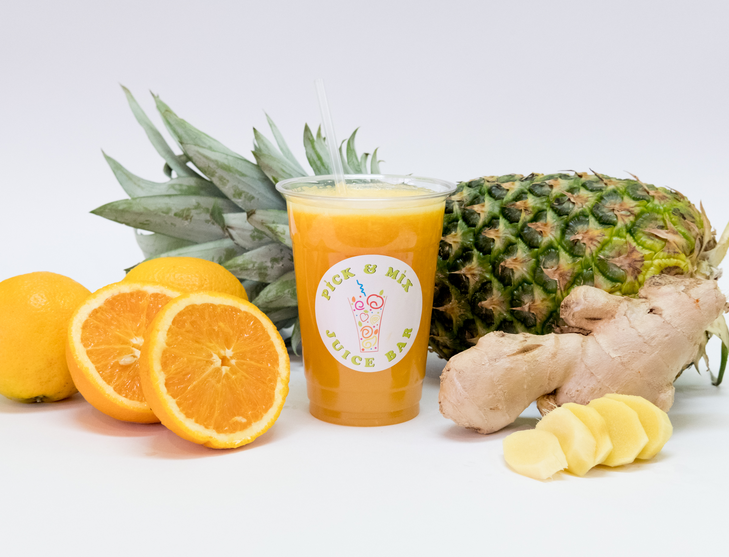 Order S11. Pineapple, Orange and Ginger food online from Pick & Mix Juice Bar store, Burbank on bringmethat.com