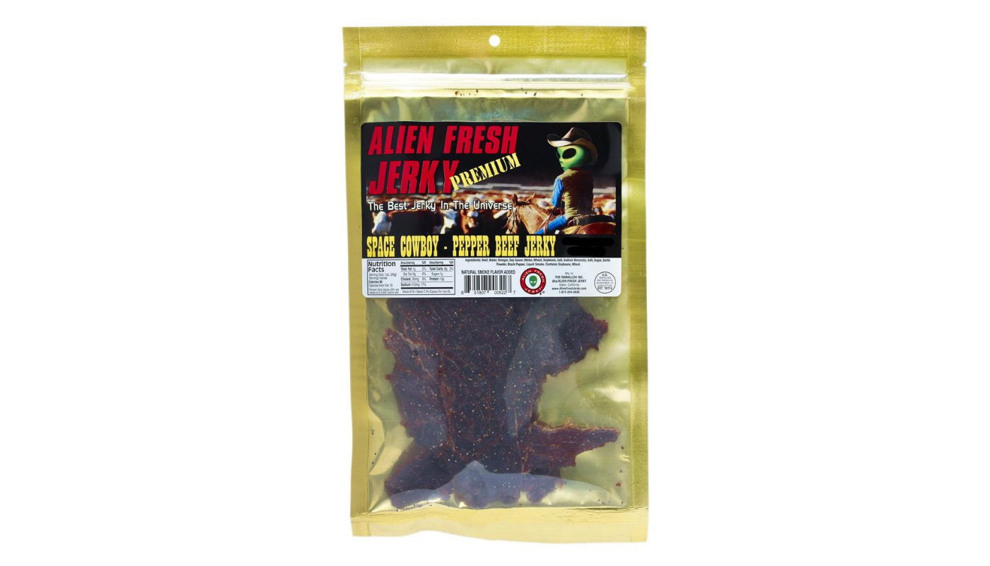 Order Alien Fresh Beef Jerky Space Cowboy 3.25oz Pouch food online from Circus Liquor store, Los Angeles on bringmethat.com