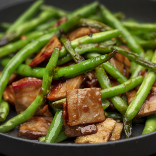 Order Roast Pork w/ String Beans in Garlic Sauce food online from Mógū Modern Chinese Kitchen store, Farmingdale on bringmethat.com